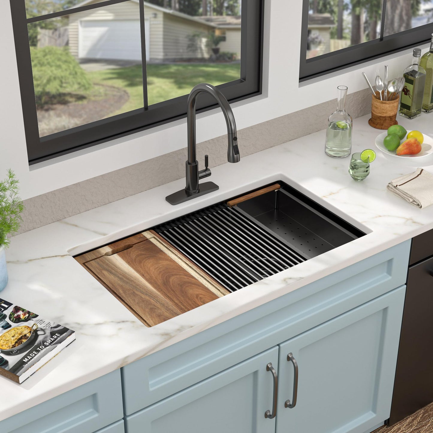 Fulorni 33"x19" Undermount Double Bowl Kitchen Sink Workstation - Gunmetal Black NANO-PVD, 16 Gauge 304 Stainless Steel, Under Counter Low Divide 60/40 Split Basin for Kitchen