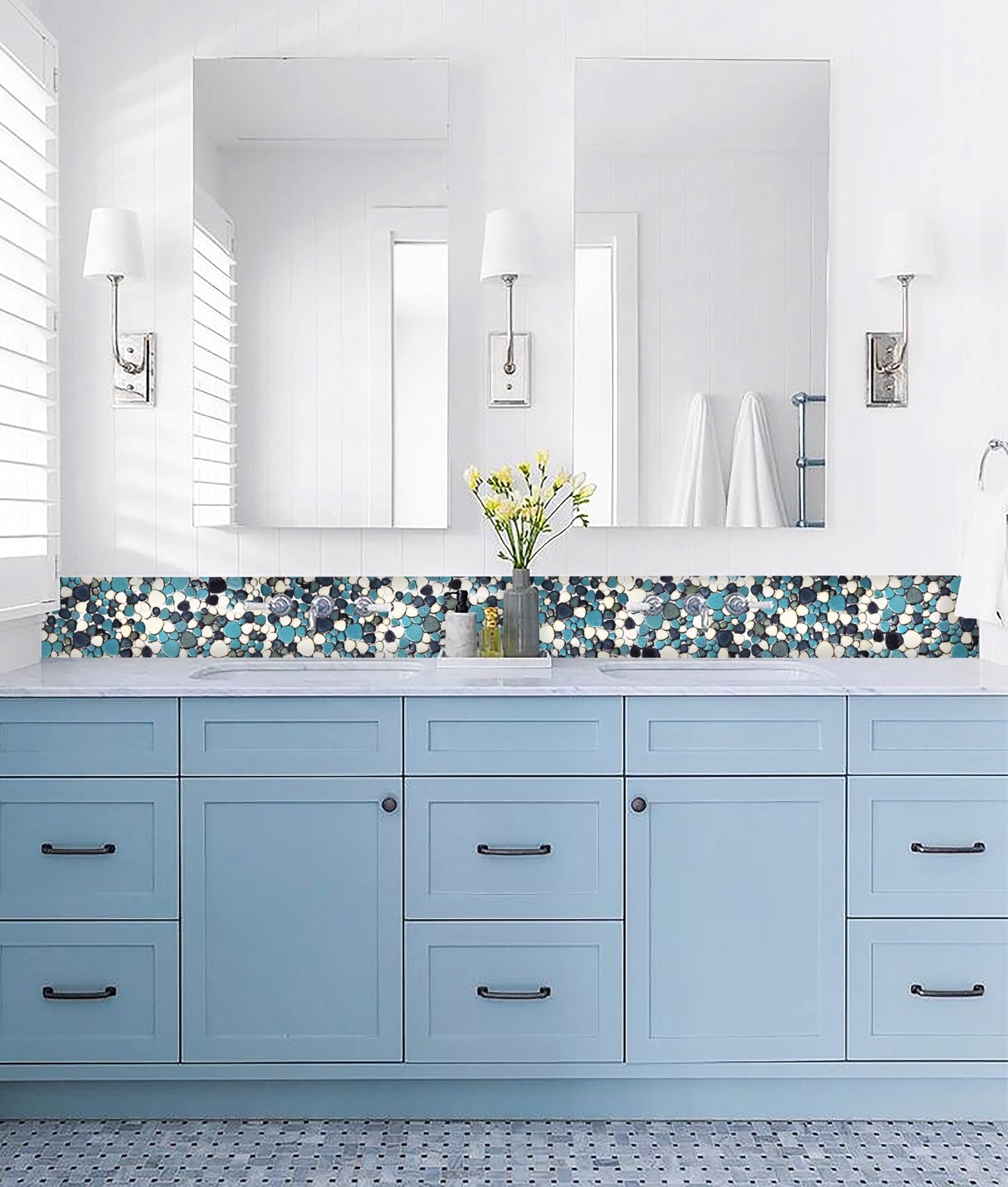Primoon Pebble Tiles 5 Sheets, Aqua Teal Blue Mosaic Tiles for Accent Wall Backsplash, Pebble Tile for Bathroom Shower Floor