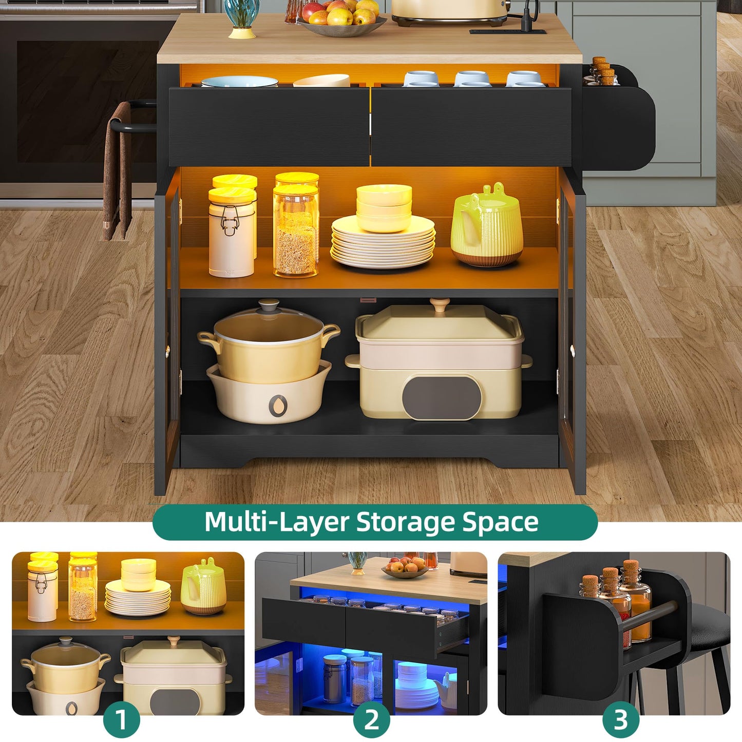 YITAHOME Rolling Kitchen island with Seating and LED Lights, Mobile Storage Islands with Drop Leaf, Dining Table with Power Outlet, 2 Drawers and Soft Stools, Spice/Towel Rack, Lacquered Finish, Black