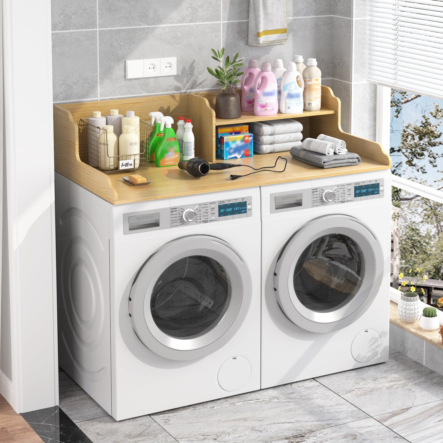 YEMNMFH 2-Tier Washer Dryer Countertop - 54” W x 27.5” D Laundry Room Organization and Storage, 100% Solid Wooden Washer and Dryer Topper, Space-Saving Laundry Countertop with Anti-Slip Pads, Natural