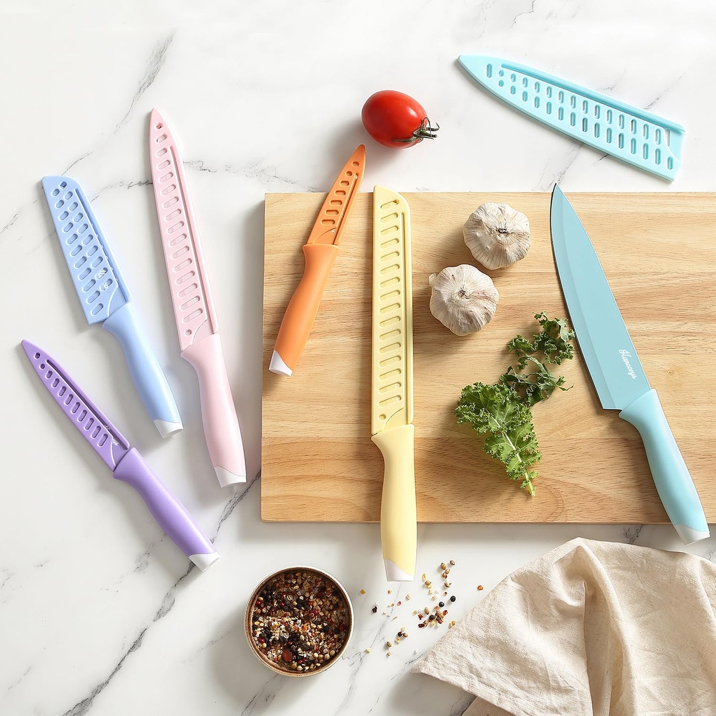 Hancorys Knife Set, 13 PCS Kitchen Knives Set with Nonstick Ceramic Anti-Rust Coating, Stainless Steel Chef Knife Sets with 6 Blade Guards, Dishwasher Safe, House Warming Gifts New Home