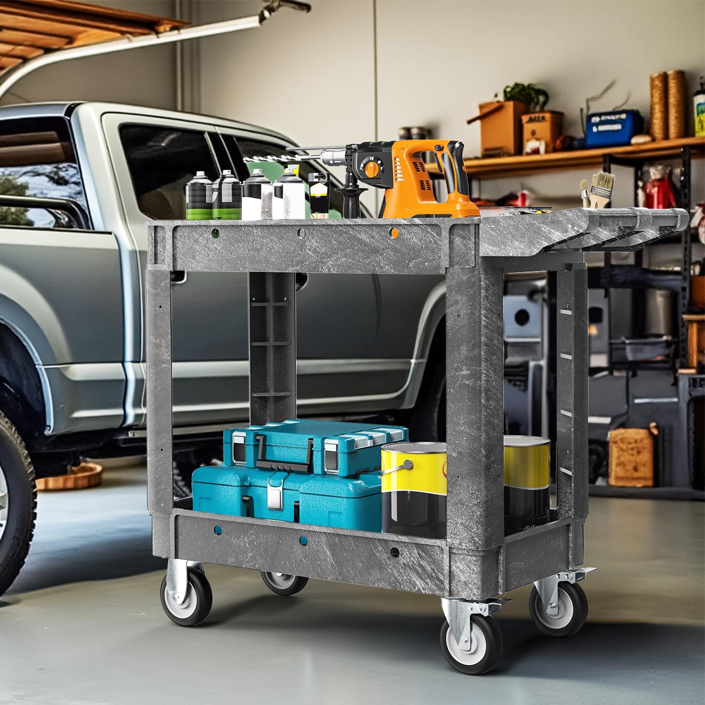 DWVO 2 Tier Utility Cart on Wheels, 550 lbs 2 Shelf Heavy Duty Plastic Rolling Carts, 40 x 17 in Plastic Tool Cart Work Cart with Locking Swivel Wheels & Handle for Warehouse Garage School & Office