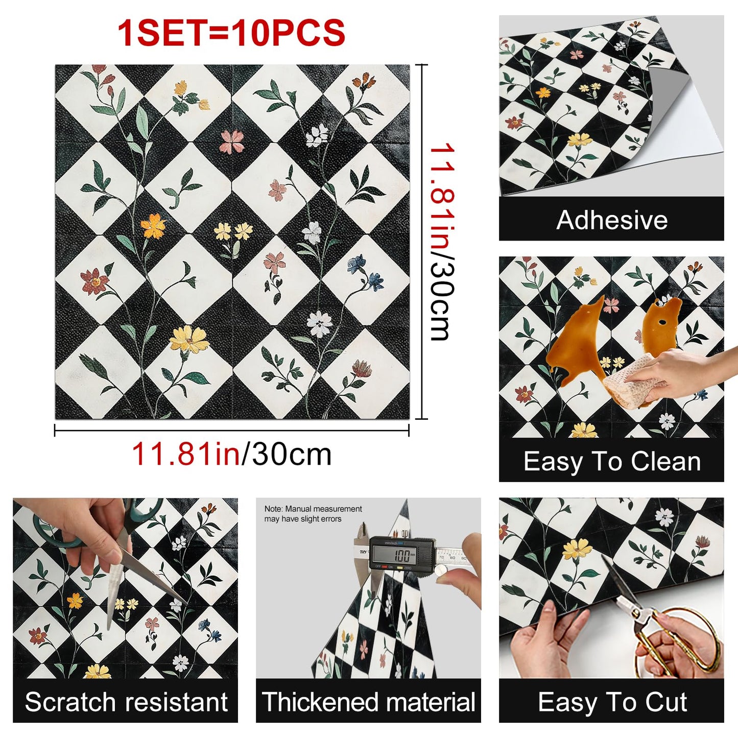 HOMETITUTE 10PCS 12x12 Inch Floral Checkerboard Peel and Stick Floor Tiles Removable Self Adhesive Vinyl Flooring Stickers for Kitchen Entryway Studio Home Decor