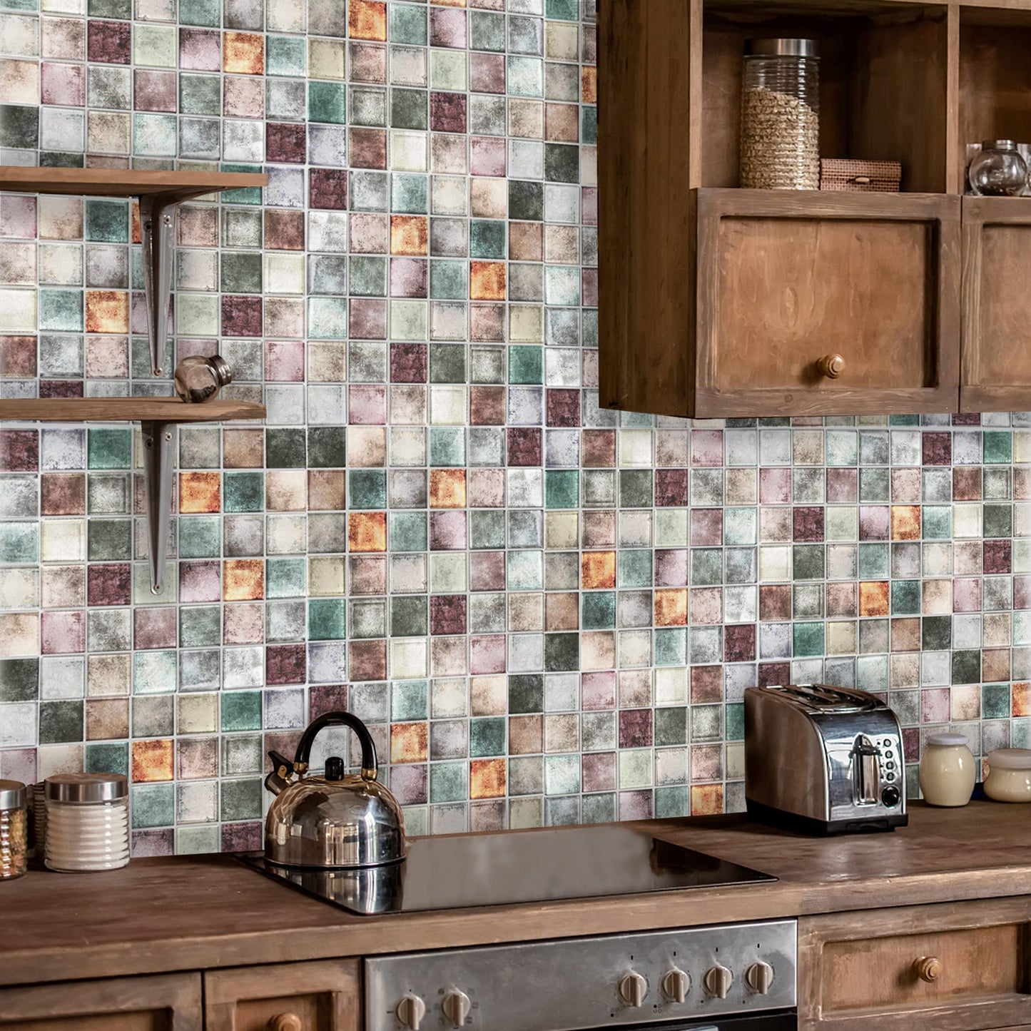 Parrotile Antique 2'' x 2'' Glass Squared Tile Glazed Red Grey Grid Mosaic Wall Backsplash Tile PT31 (Box of 5 Sheets)