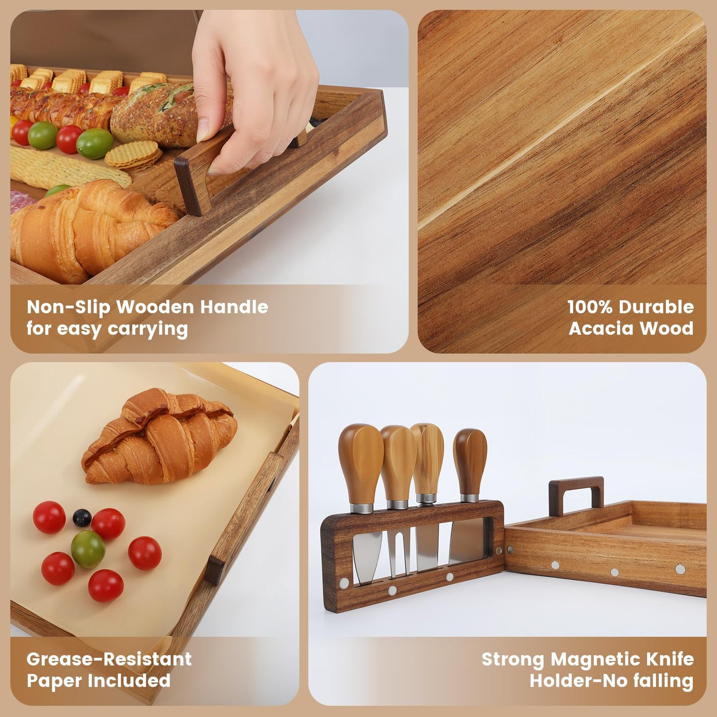 Young Speeds Large Charcuterie Board with Cheese Knife Set,36 x 12 Inch Acacia Wood Large Serving Tray with Handles,Long Wooden Serving Board with 30Pcs Wax Paper,3ft Extra Long Cheese Board