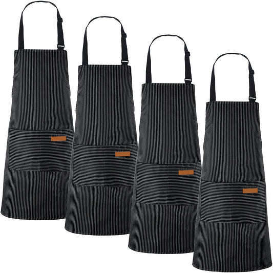 Handepo 4 Pcs Kitchen Aprons with Pockets Adjustable Waterproof Cotton Aprons Striped Apron for Women Men Chef Gift for Dad(Narrow Stripes,Black)