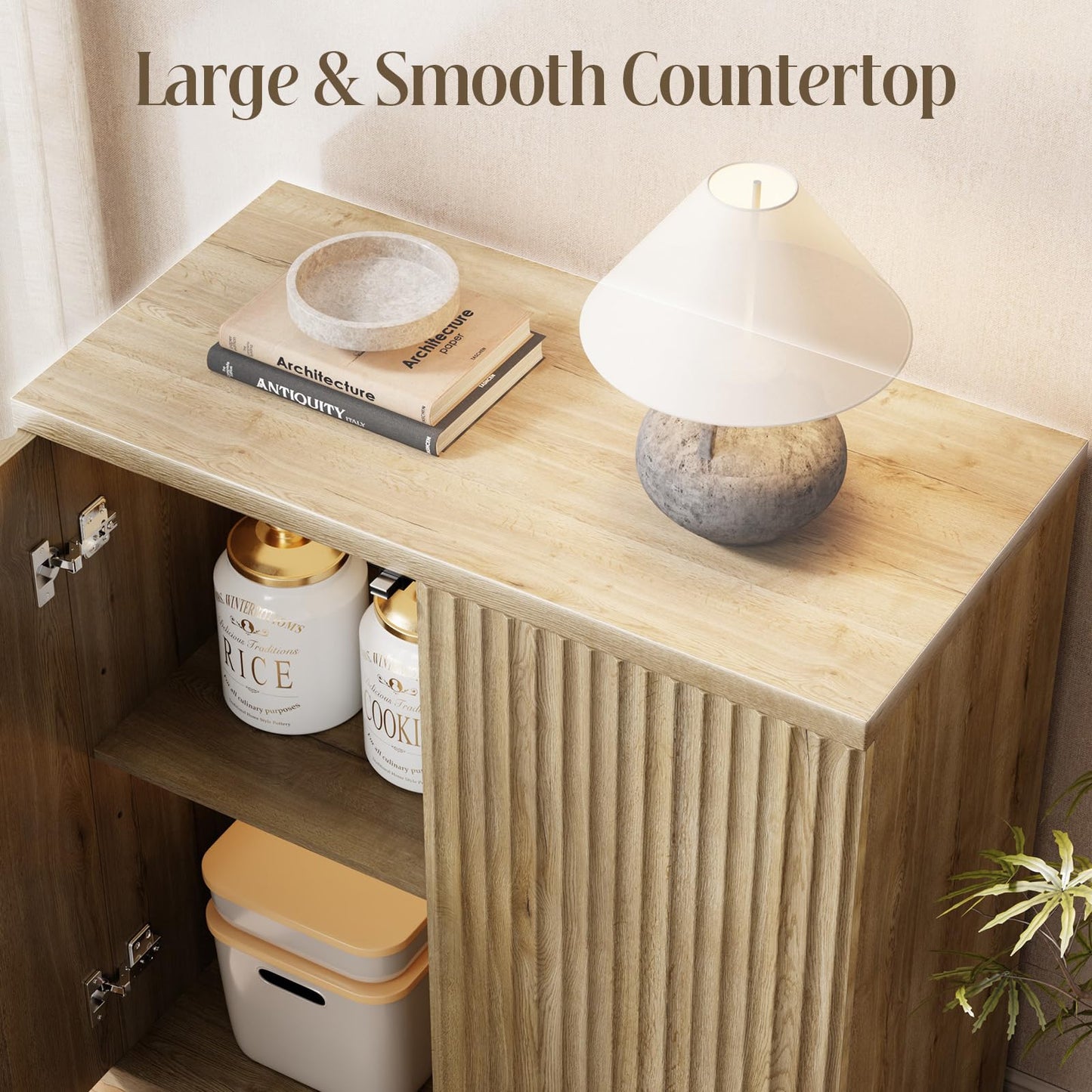 RUMBALUXY Fluted Buffet Cabinet Sideboard with Storage, Wooden Credenza with 2 Doors & Adjustable Shelf, Modern 15" Deep Accent Cabinet for Living Room, Kitchen Dining Room Entryway,Natural Oak