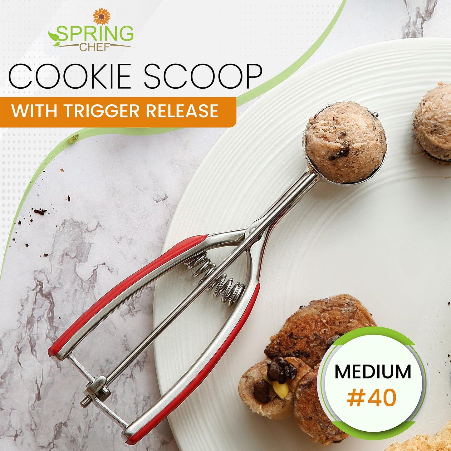 Spring Chef Red Medium 1.7 Tbsp Cookie Scoop for Baking - Stainless Steel #40 Melon Baller Scoop with Trigger Release - Multifunctional Food Scooper for Kitchen - Dishwasher Safe Cookie Baller