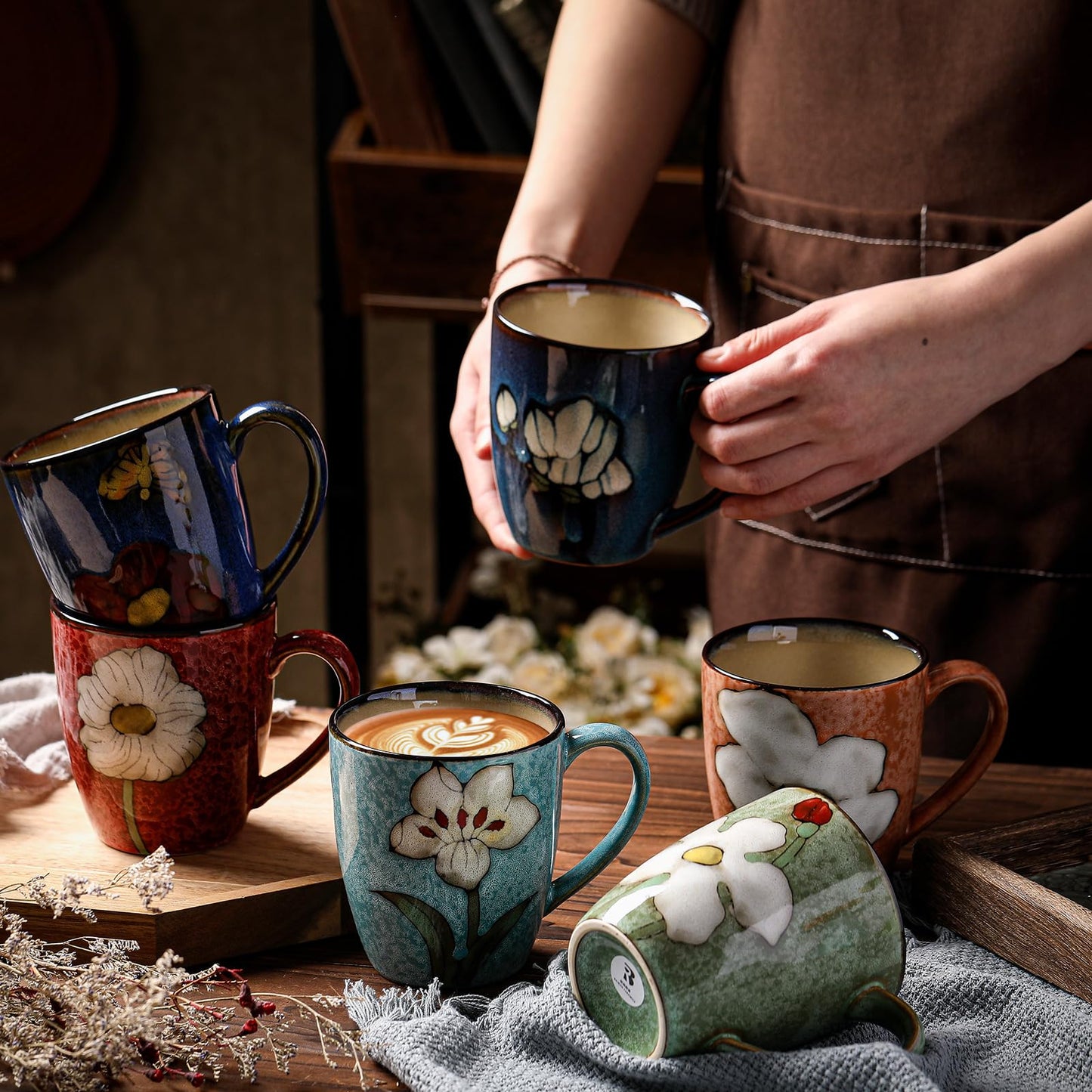 Maxdot 6 Pcs 12oz Ceramic Coffee Mugs Sets Glazing Process Cappuccino Mug Floral Ceramic Tea Cups Mother's Day Idea Gift for Women Mom Porcelain Cup for Coffee, Cocoa, Tea, Latte (Retro)
