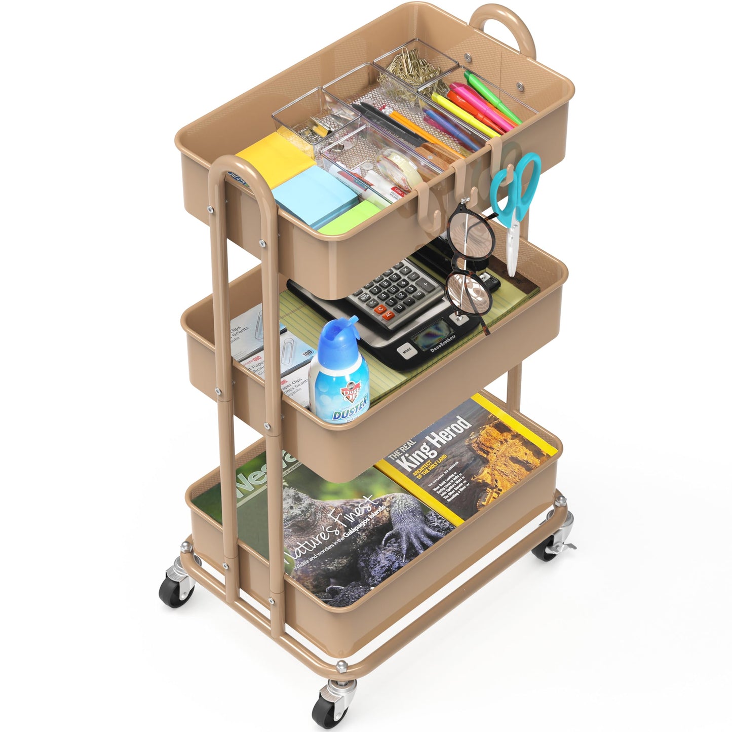 Simple Houseware 3-Tier Heavy Duty Metal Utility Rolling Cart, Khaki