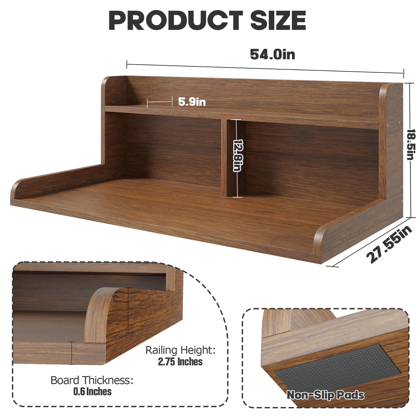 Corbyles 2-Tier Washer Dryer Countertop, 18.5" Raised Height Laundry Countertop with Edge Rails and Non-Slip Pad, 54"W x 27.55"D Washer and Dryer Topper for Laundry Room Storage Organization (Brown)