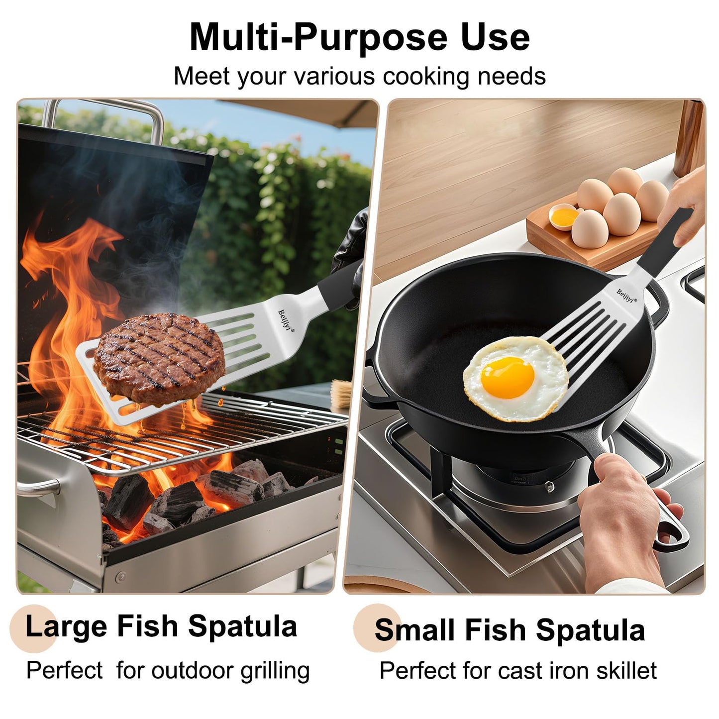 Beijiyi Stainless Steel Fish Spatula Set, 13.3"&11.3" Slotted Turner with Ultra Thin Beveled Edge, Heat Resistant Silicone Handle, Dishwasher Safe Metal Cooking Utensils for Fish, Egg, Burgers