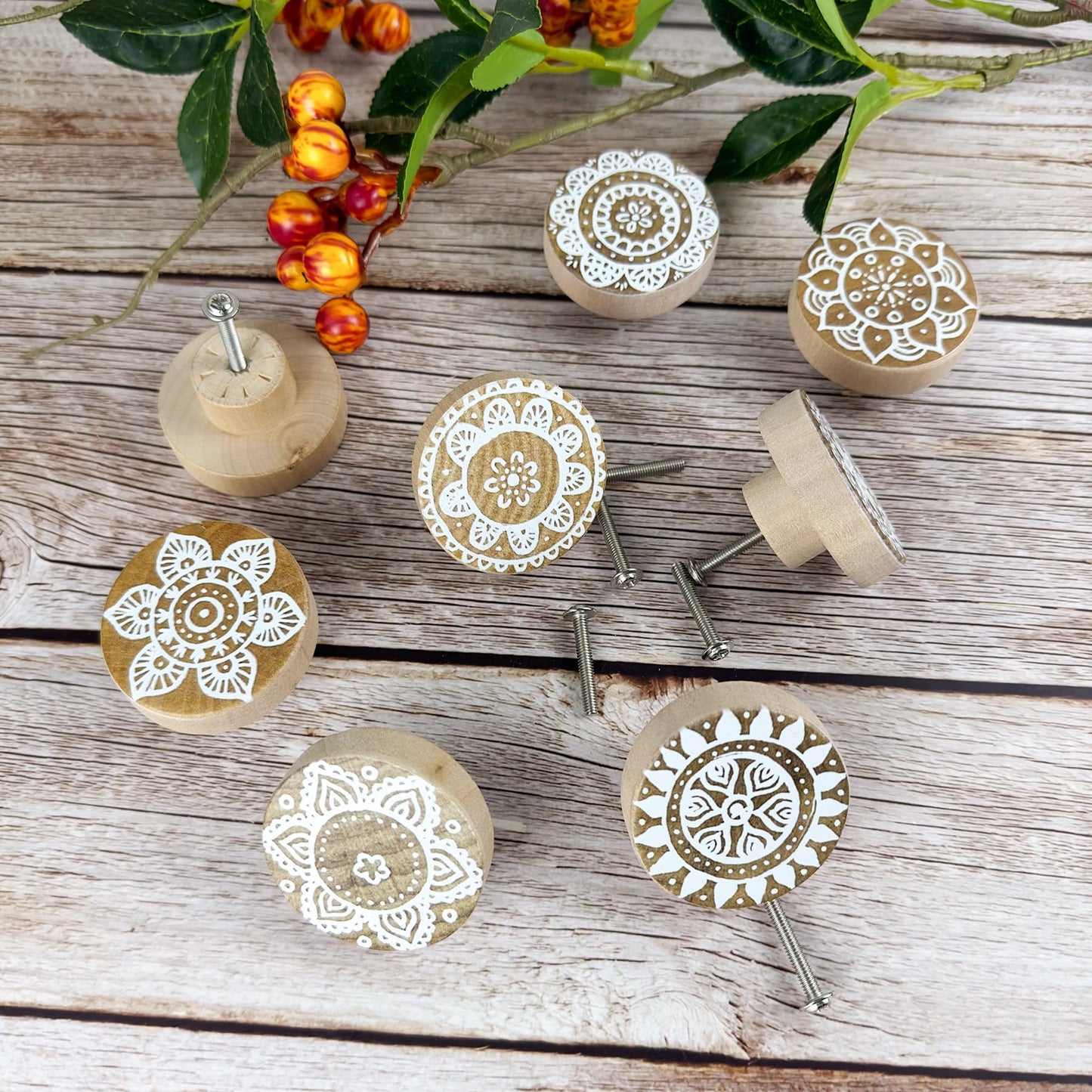Lasyman 8Pack 1.8" Wooden Boho Nursery Kids Dresser Drawer Pulls Cute Cabinet Furniture Decorative Knobs