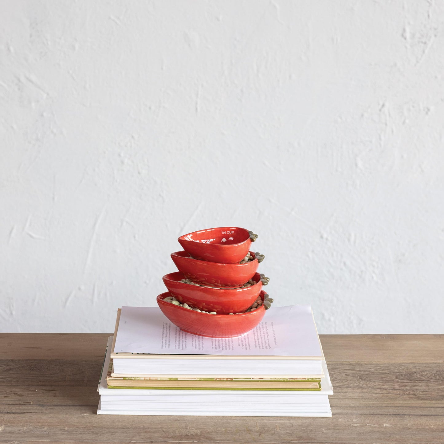 Creative Co-Op Hand-Painted Strawberry Stoneware Measuring Cups, Red and White, Set of 4