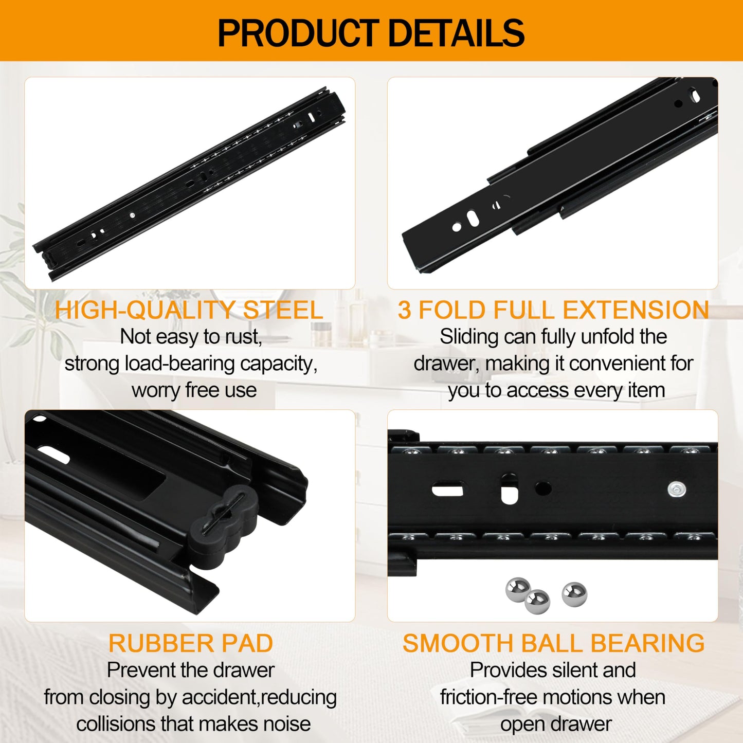 2 Pairs of 14 Inch Duty Drawer Slides,Cabinet Slides 3-Section Full Extension Ball Bearing Side Mount,for Dresser, Cabinet, Kitchen 100 LB Capacity