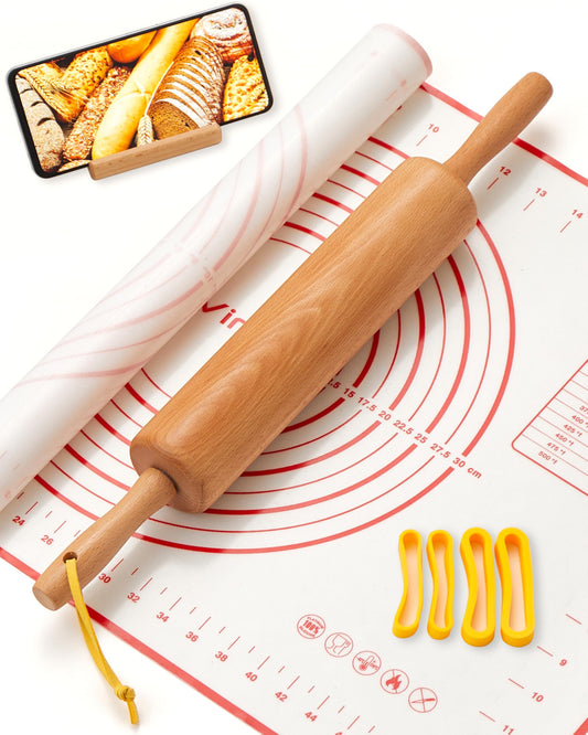 Classic Wood Rolling Pin, 17" Rolling Pins for Baking with Silicone Mat and Adjustable Thickness Rings, Pasta Roller with Wood Base, Fondant Roller for Pie Crust, Cookies, Pizza Dough and Bread