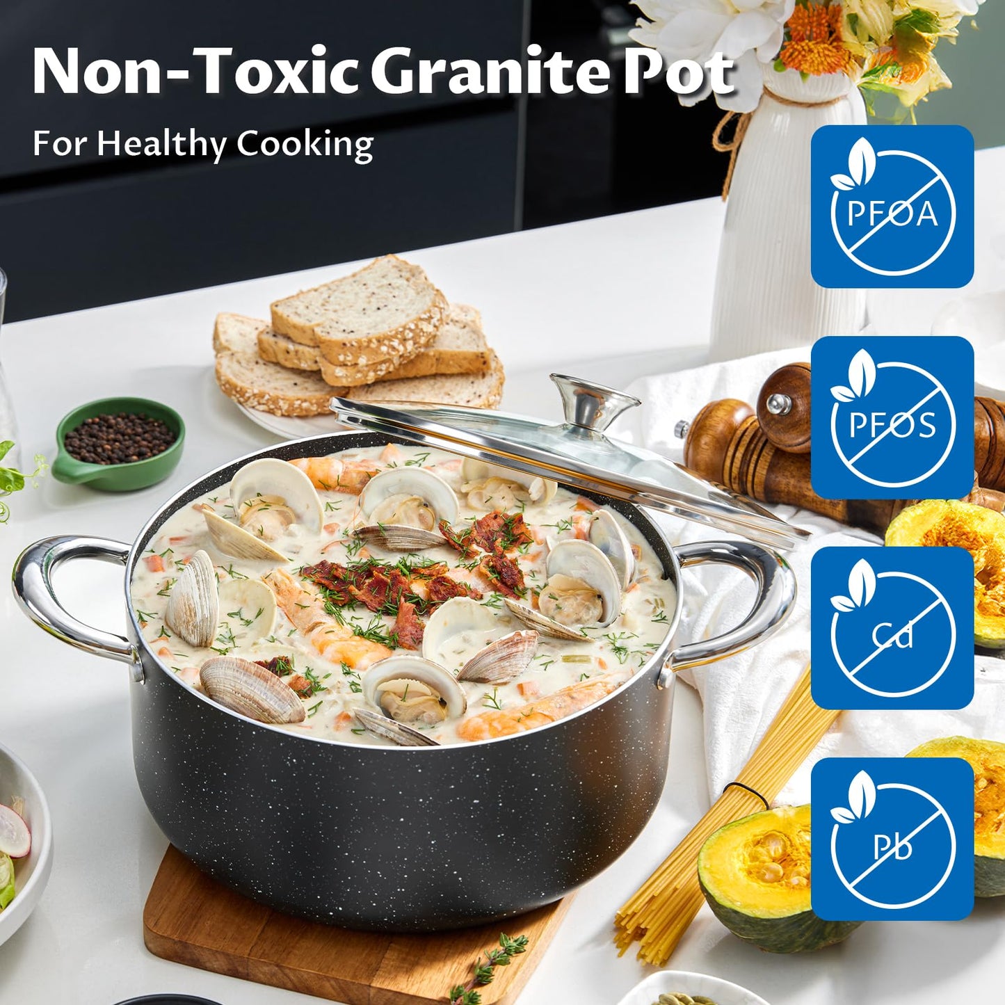 BEZIA 6 Quart Nonstick Stock Pot with Lid, Induction Cooking Pot Soup Pot, Non-toxic and Oven Safe, Perfect for Stews, Soups and All Stovetops, PFOA PFAS Free