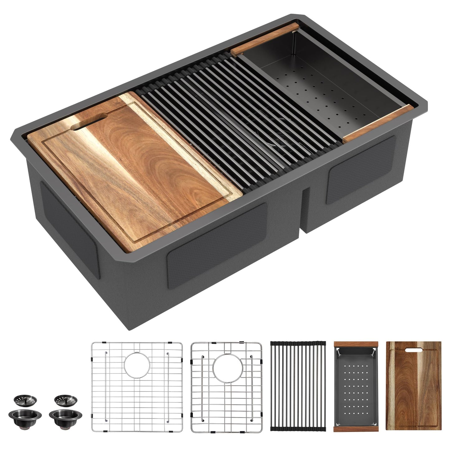 Fulorni 33"x19" Undermount Double Bowl Kitchen Sink Workstation - Gunmetal Black NANO-PVD, 16 Gauge 304 Stainless Steel, Under Counter Low Divide 60/40 Split Basin for Kitchen