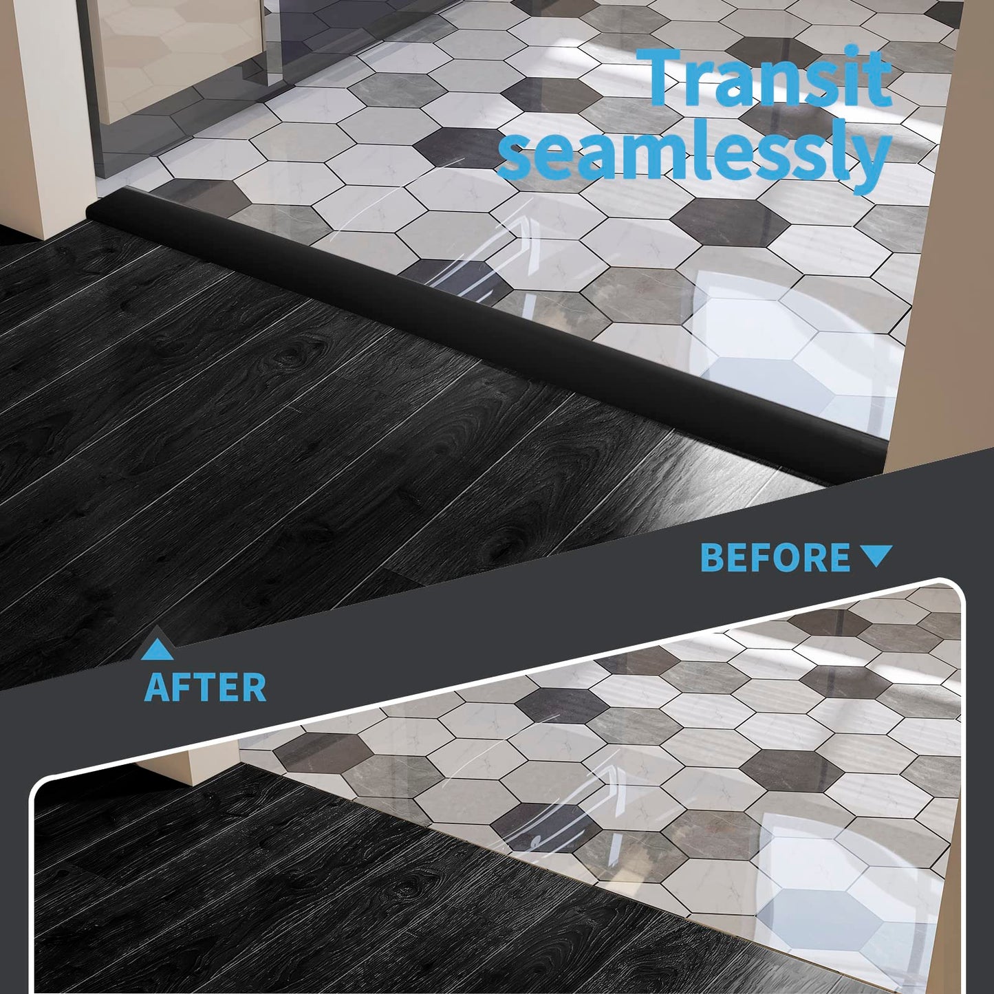 Art3d 4 FT Self Adhesive Vinyl Floor Transition Strip, Laminate Floor Strip Floor Flat Divider Strip for Joining Floor Gaps,Carpet Threshold Transition,Floor Tiles（1.57in, Black）