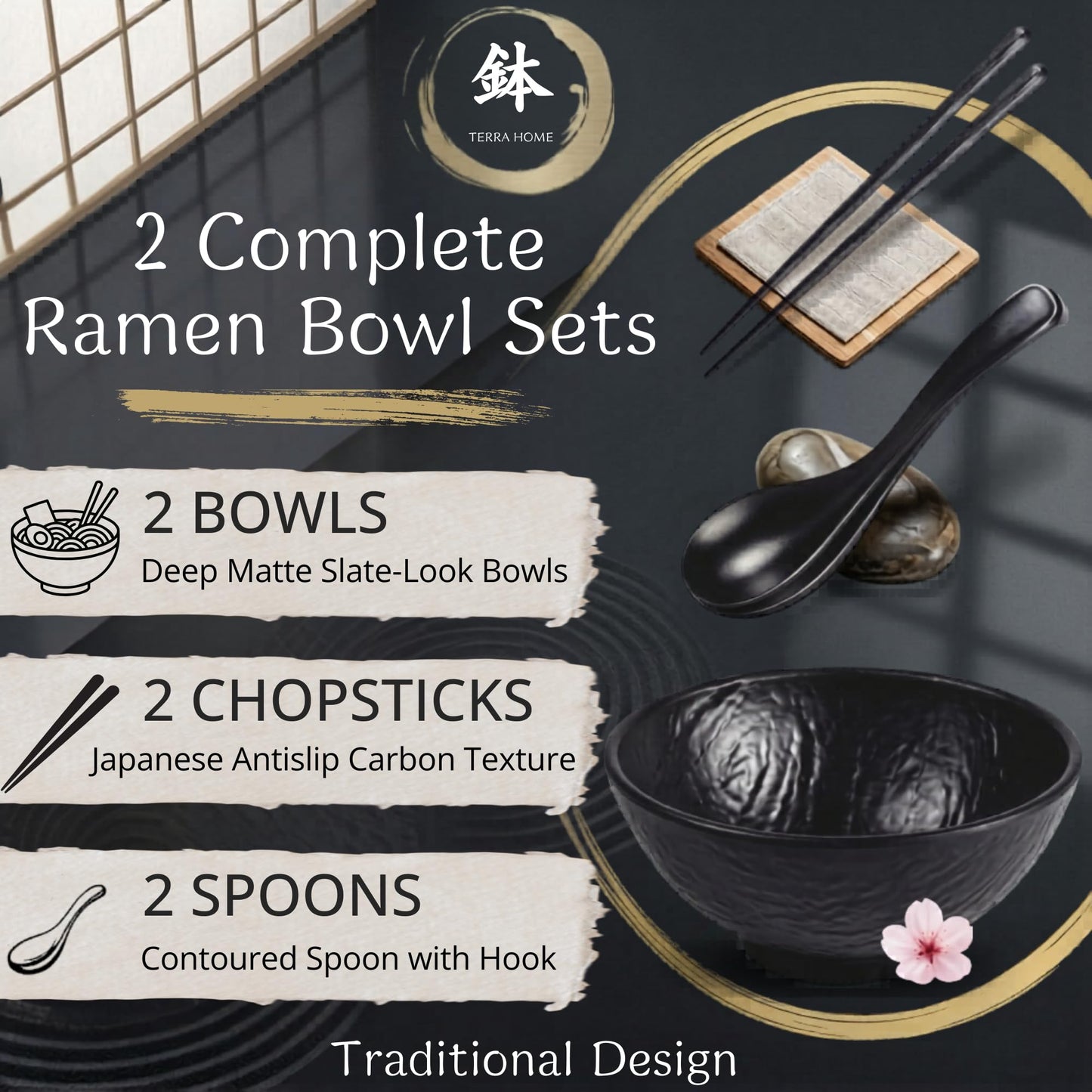 TERRA HOME Ramen Bowl and Spoon Set with Chopsticks - Large Pho Bowls and Spoons Set Unbreakable Japanese Melamine Ramen Bowl - 6 Piece Matte Black Asian Ramen Noodle and Soup Bowls - 54 Ounce
