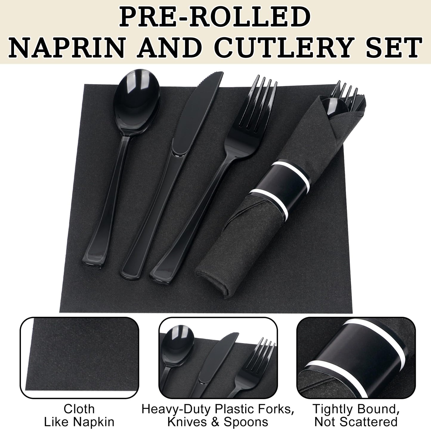 Dlebay 50 Pack Pre Rolled Black Plastic Silverware Set,Wrapped Plastic Cutlery Set with Napkin Include 50 Forks,50 Spoons,50 Knives and 50 Black Napkins for Party,Wedding