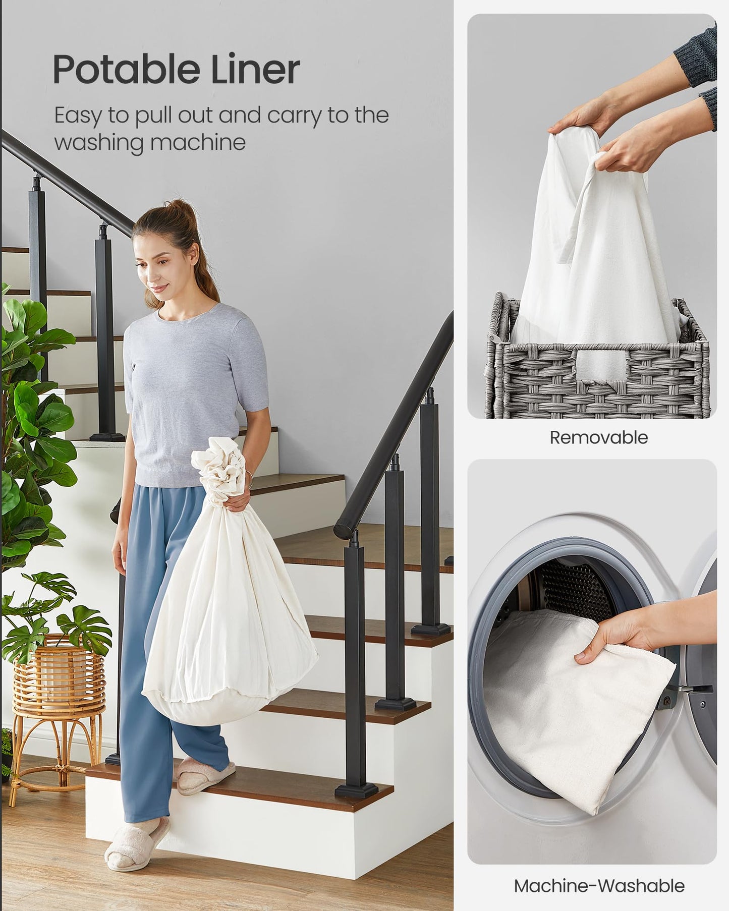 SONGMICS Laundry Hamper with Lid, 42.3 Gallons (160 L), Rolling Laundry Basket with Wheels, 3-Section Synthetic Rattan, Removable Liner, Bedroom, 29.9 x 13 x 26 Inches, Gray ULCB365G01