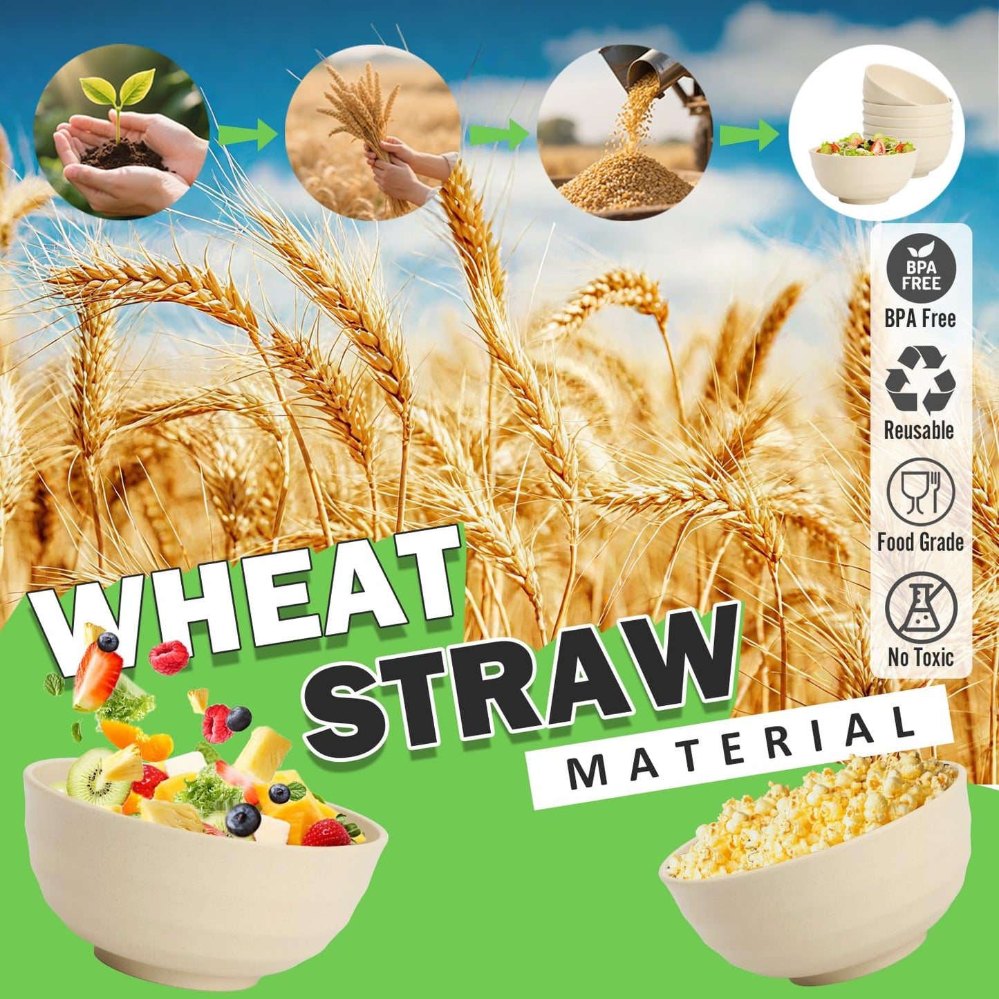 Perlapoc Large Wheat Straw Bowls Set of 6, 60 OZ Unbreakable Serving Bowls, Microwave Safe & Dishwasher Safe, Perfect for Salad, Fruit, Cereal, Soup, Ramen, Family Meals, Beige