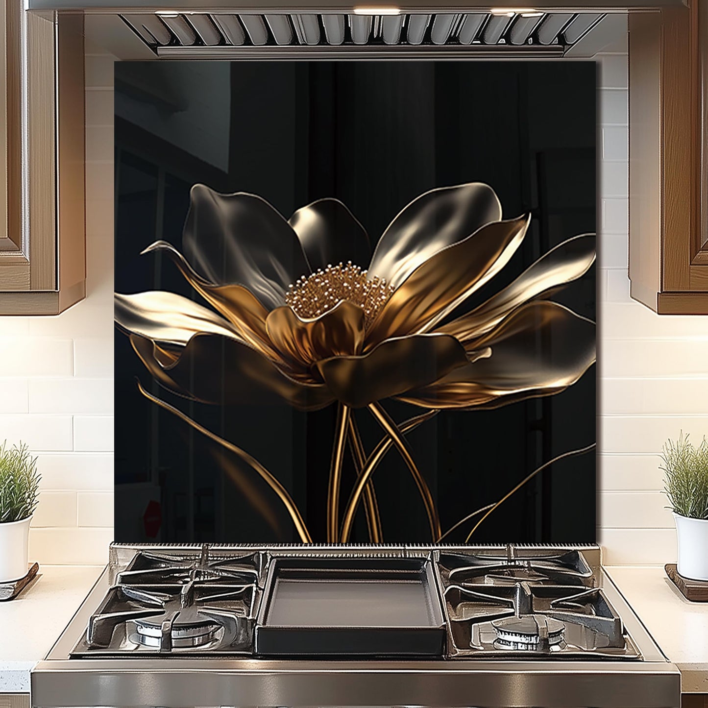 DAIFURONGE Black Golden Lotus, Tempered Glass Backsplash for Kitchen,Easy to Clean, One Piece Glass Behind Stove Splashback Panel, Home Kitchen Wall Decor (black, 30"x30"(76.2x76.2cm))