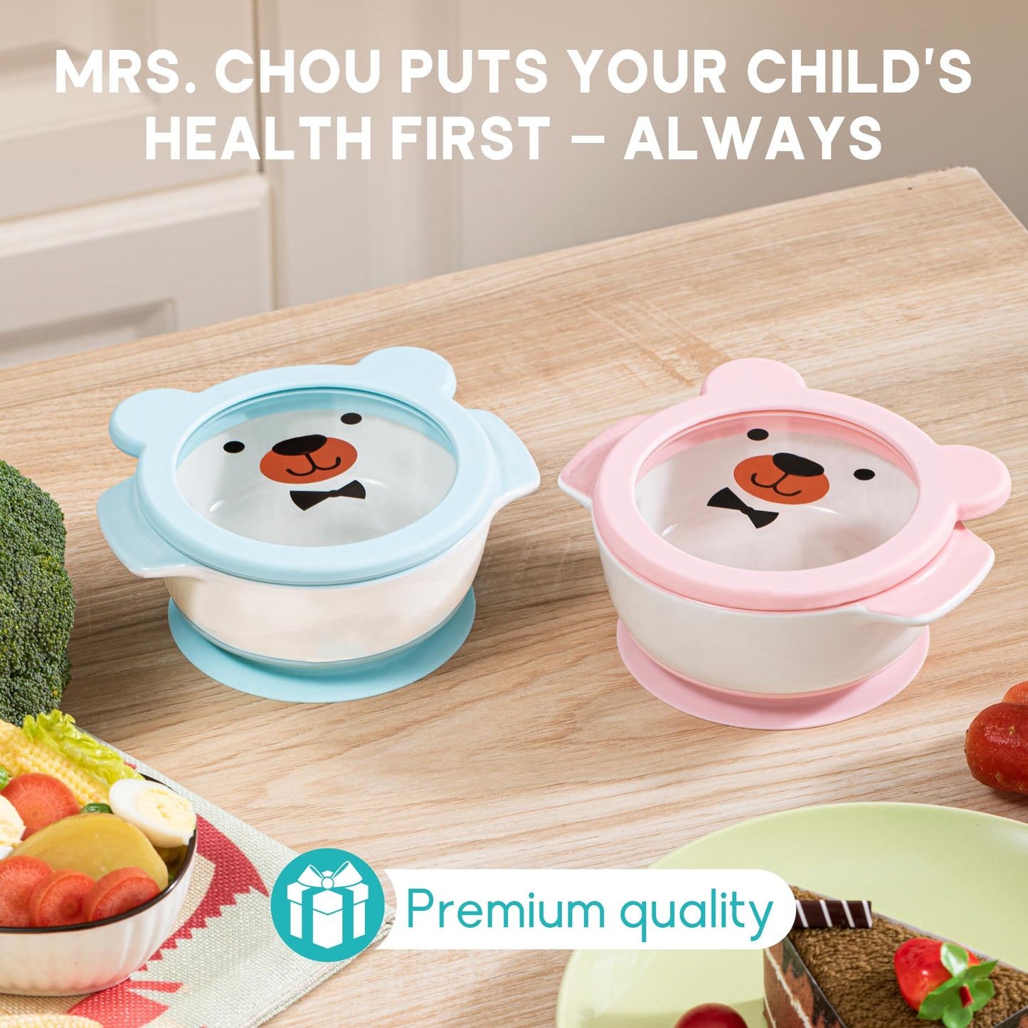 Mrs. Chou Ceramic Suction Bowl for Babies and Toddlers, Non-Slip Silicone Suction Cup, BPA-Free Lids, Independent feeding, First Stage Self Feeding Essential, Baby-Led Weaning Snack Feeder