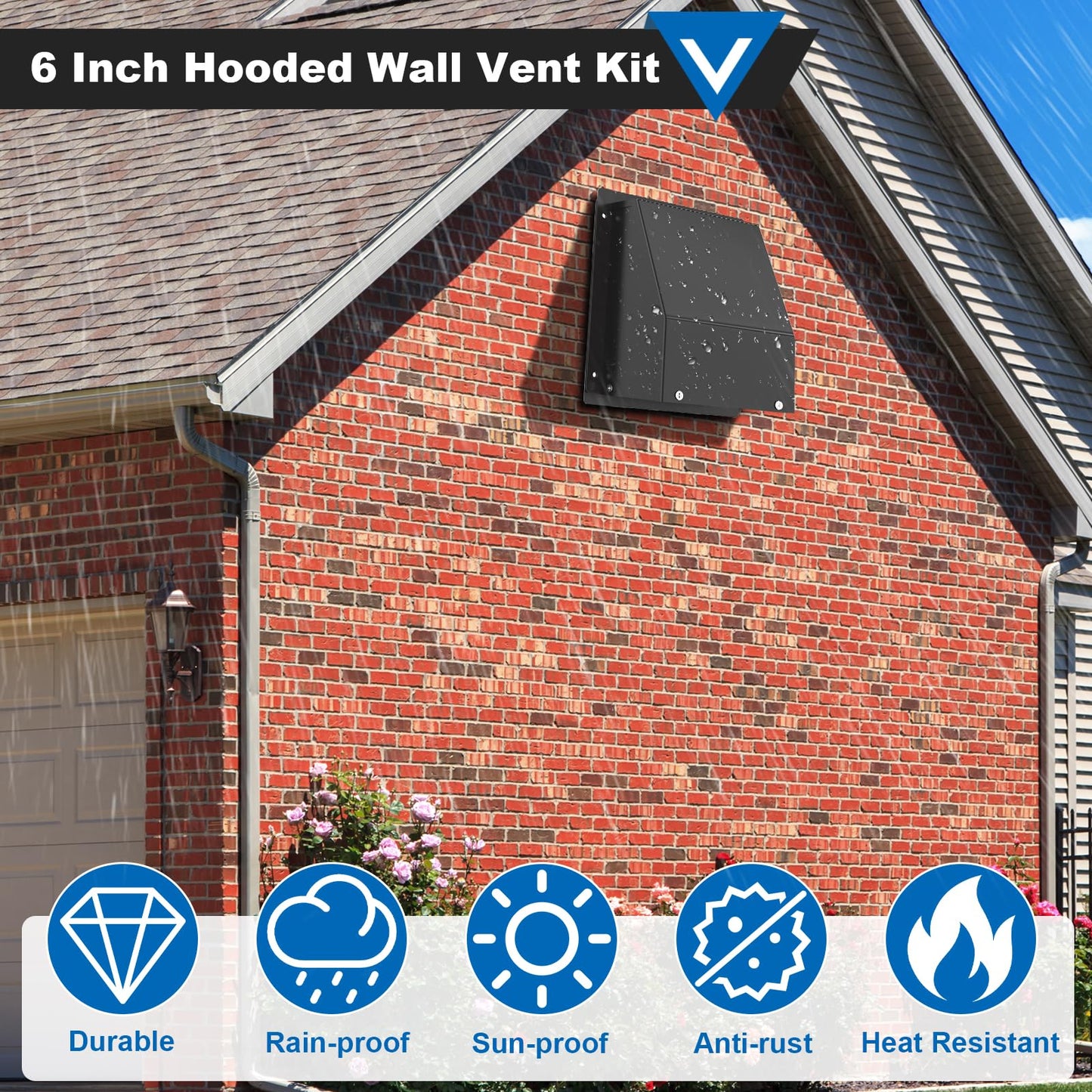 6 Inch Wall Vent with Screen and Damper, Galvanized Steel Hooded Wall Vent Cover Black Metal Exhaust Duct Cap Kit with Hose Clamp Aluminum Foil Tape Screw for Outdoor Laundry Room Kitchen Range Hood