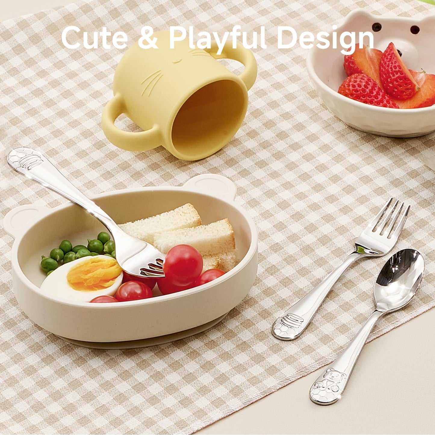 KINGSTONE Toddler Utensils Set, 12-Piece Small Forks & Spoons, 18/10 Stainless Steel, Ergonomic Self-Feeding Children’s Flatware for Home & Preschool, Honey Bear Print