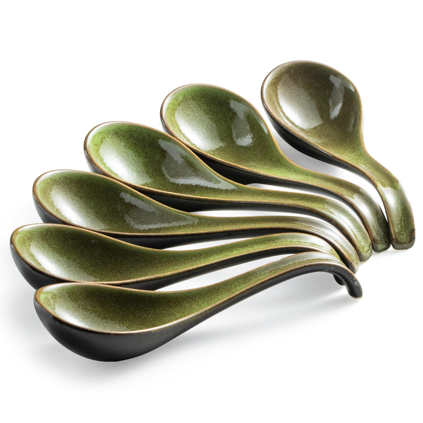 Gomakren Asian Soup Spoons, 6.5 Inch Ceramic Chinese Soup Spoons for Cereal, Ramen, Pho, Noodles, Stews, Green Kitchen Spoons with Long Handle and Deep Oval Design, Mothers Day Gifts - Set of 6