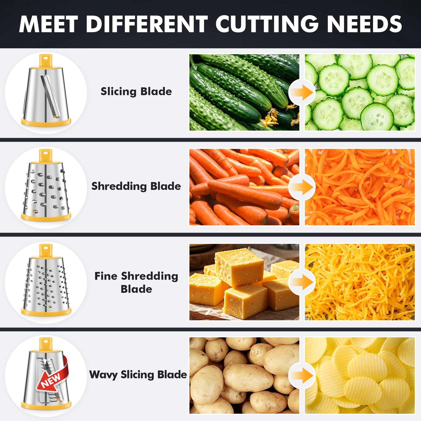 Geedel Rotary Cheese Grater - Upgraded Vegetable Shredder with 4 Interchangeable Blades, Easy to Clean Cheese Shredder with Handle, Kitchen Grater Nuts Grinder for Cutting Cheese, Vegetable, Nuts