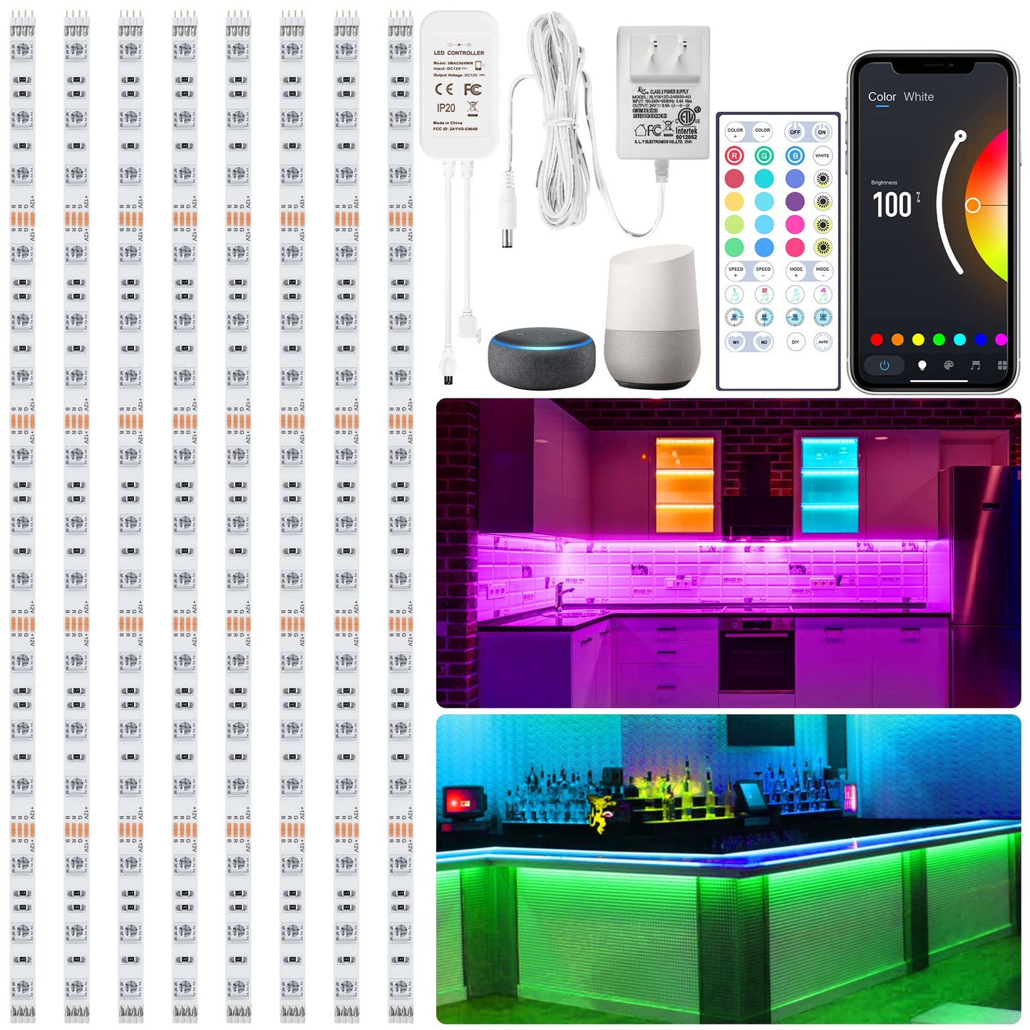 maylit 8 PCS 3.3FT Smart RGB Under Cabinet Lights Kit, Work with Alexa and Google Assistant, App and Remote Control, Music Sync Color Changing, Timer, Dimmable, for Cabinet, Counter, Shelf, Bookcase