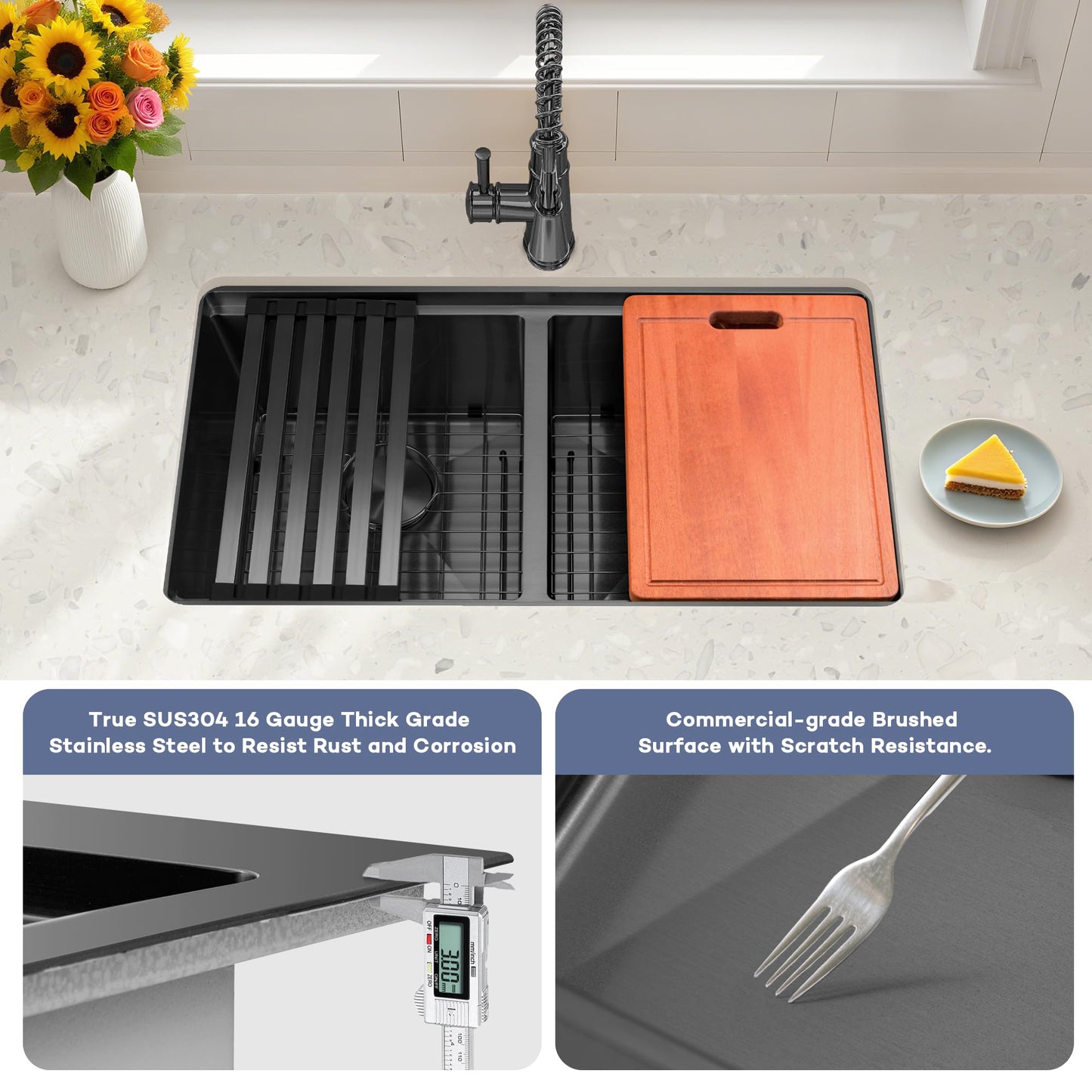 MILOSEN Black Double Bowl Kitchen Sink, 30x18 Inch T304 Stainless Steel Undermount Workstation Sink, 50/50 Double Bowl 10 Inch Deep Handmade Kitchen Sinks, Undermount Black Sinks with Accessories