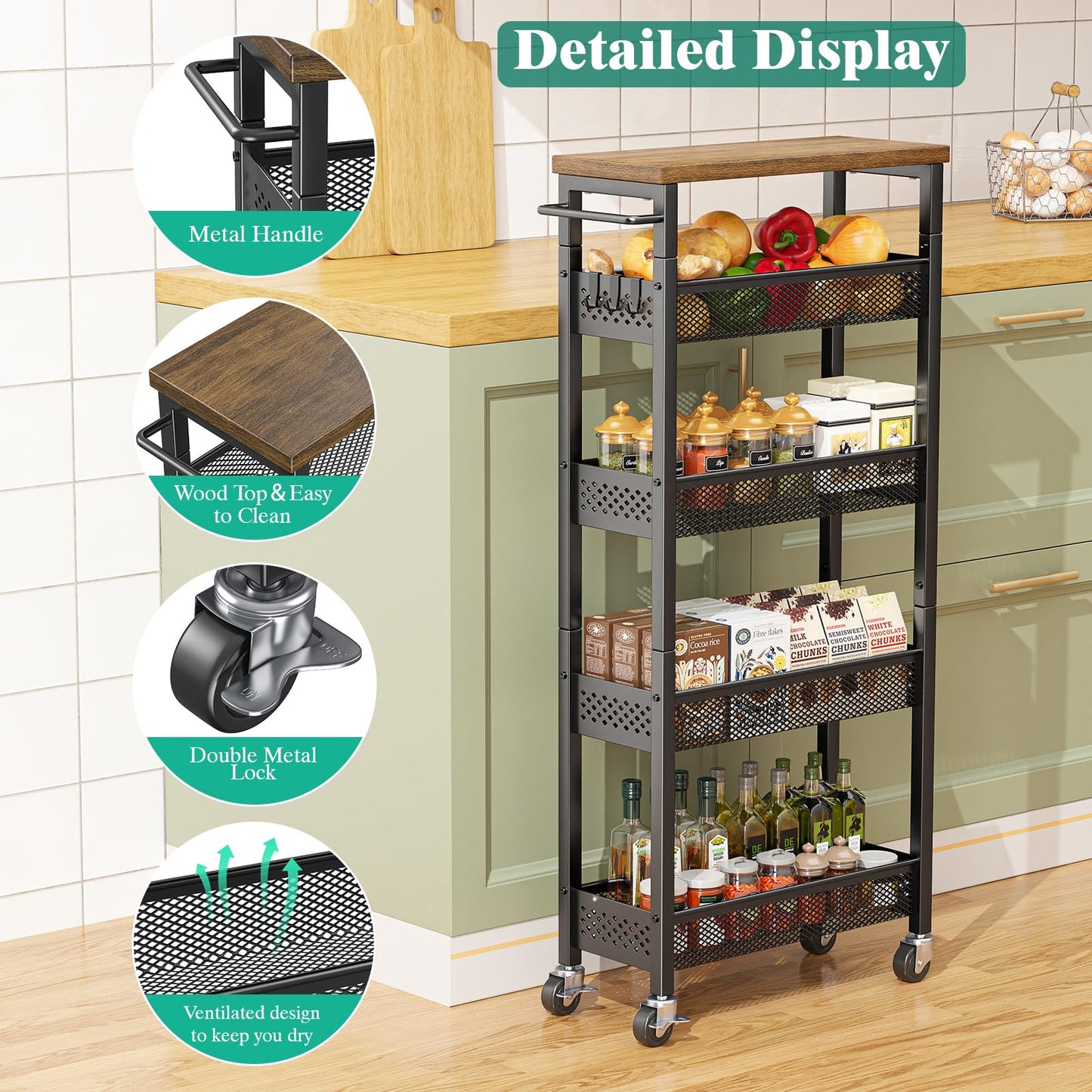 Giwil Slim Storage Cart 5 Tier Narrow Kitchen Rolling Cart on Wheels for Small Space, Metal Utility Cart Narrow Bathroom Storage Cabinet Mobile Shelf Unit Organizer with Wood Top and Handle, Black