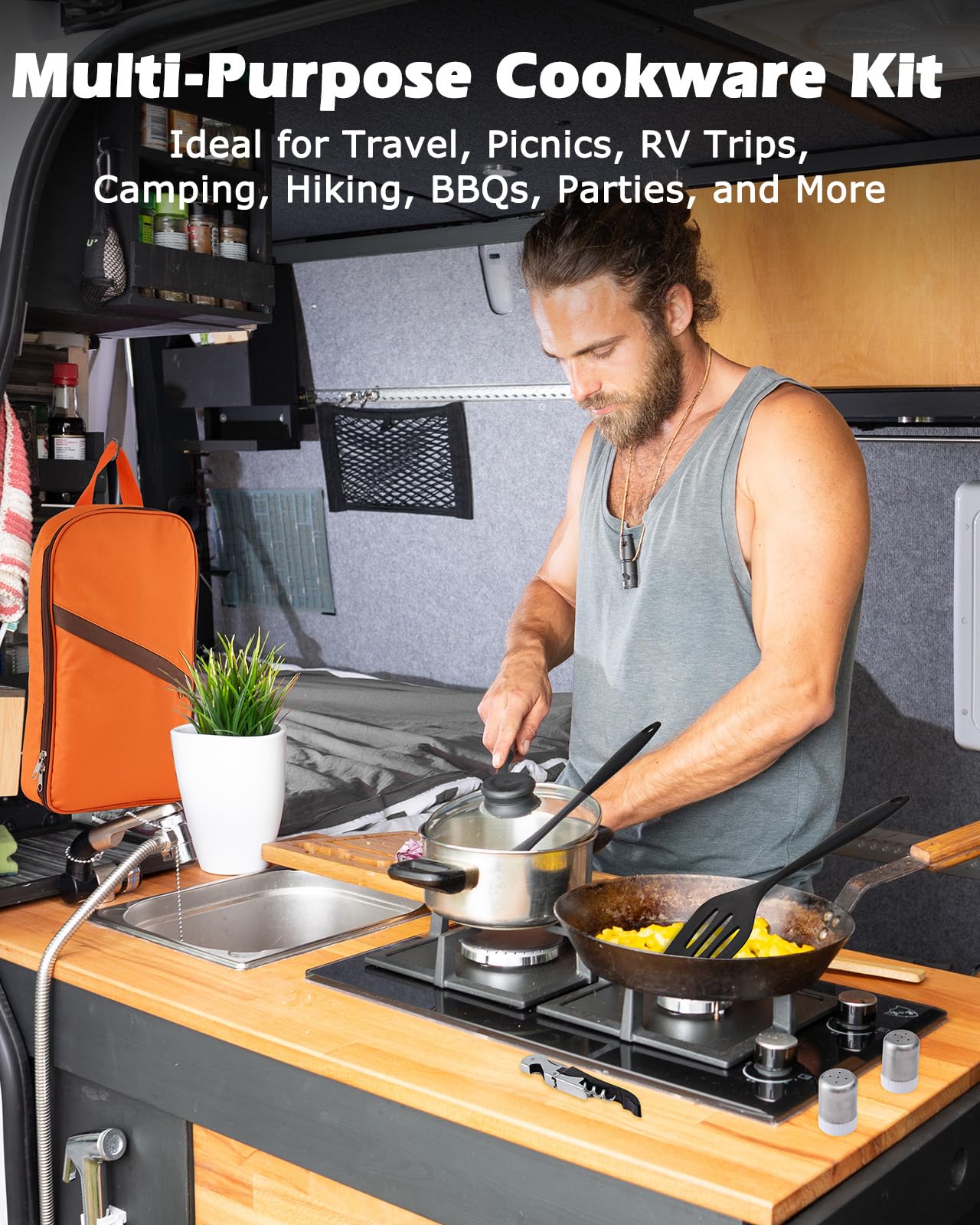 Hozzen Camping Cooking Utensil Set - Car Camping Essentials Cooking Gear for Outdoor Kitchen Grilling, Stainless Steel & Silicone Ideal Gift for RV Tent Camper, Picnics, BBQs