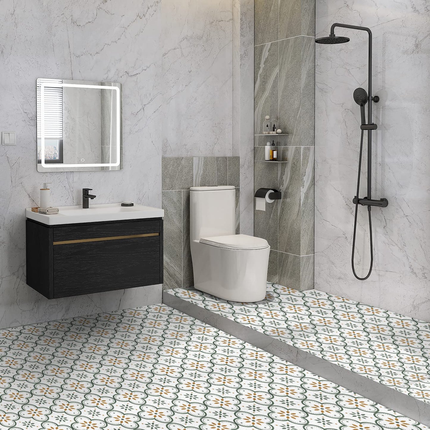 Peel & Stick Floor Tiles Self Adhesive Vinyl Flooring for Kitchen Bathroom Laundry Room Pet House Fireplasce 8"x8" 10 Sheets Removable Floor Stickers Home Decor DIY (Green)