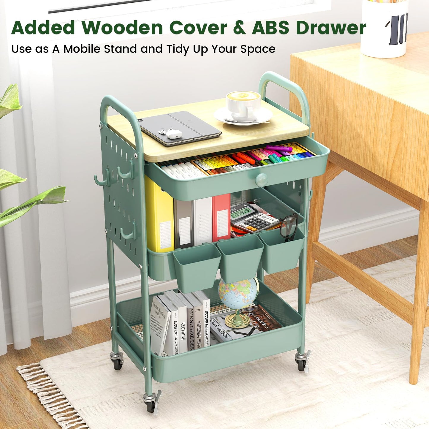 danpinera 3 Tier Rolling Cart, Metal Utility Cart with Wooden Table Top & DIY Pegboard, Rolling Carts with Drawer, Storage Cart Craft Cart with Hooks & Hanging Cups for Kitchen, Bathroom, Office