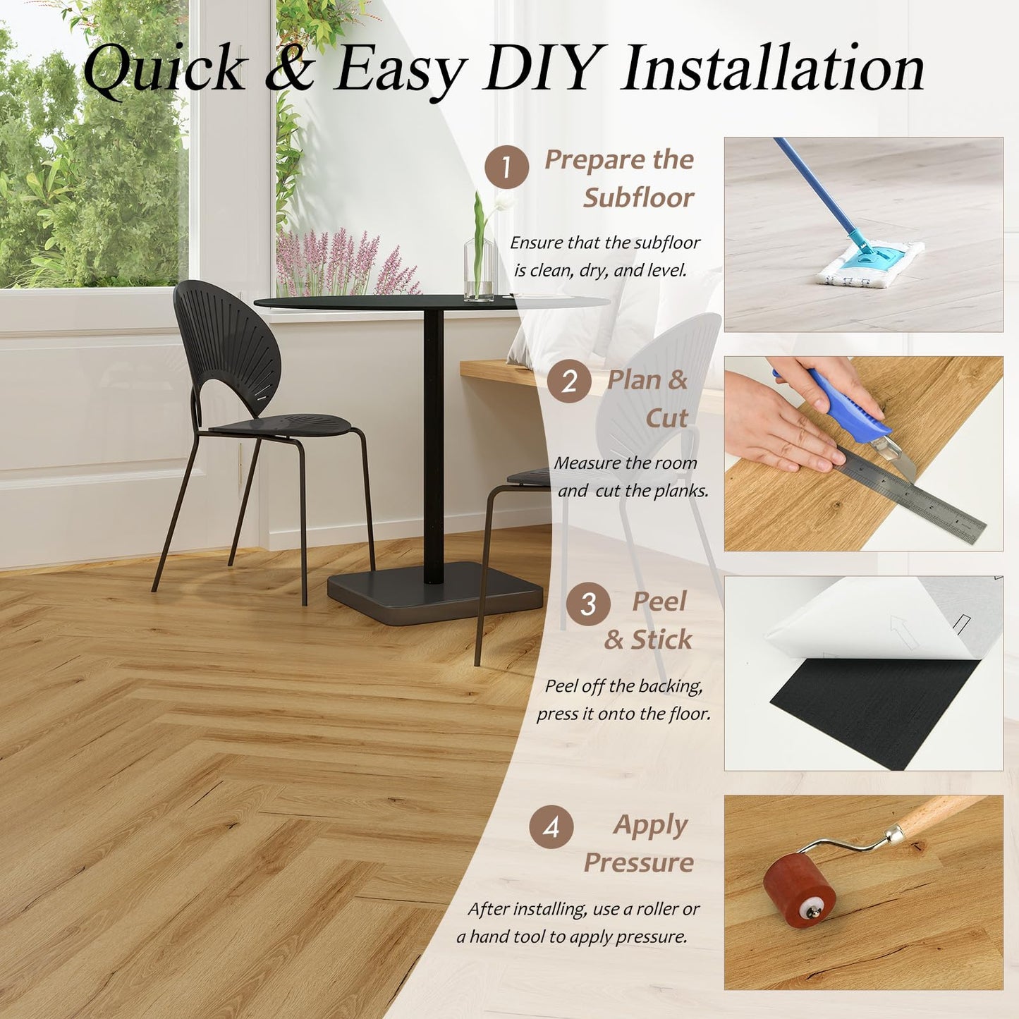 Mysflosy Peel & Stick Floor Tile, 36-Pack 54 Sq.Ft Waterproof Vinyl Flooring Self-Adhesive, Wood-Look Vinyl Planks for DIY Installation