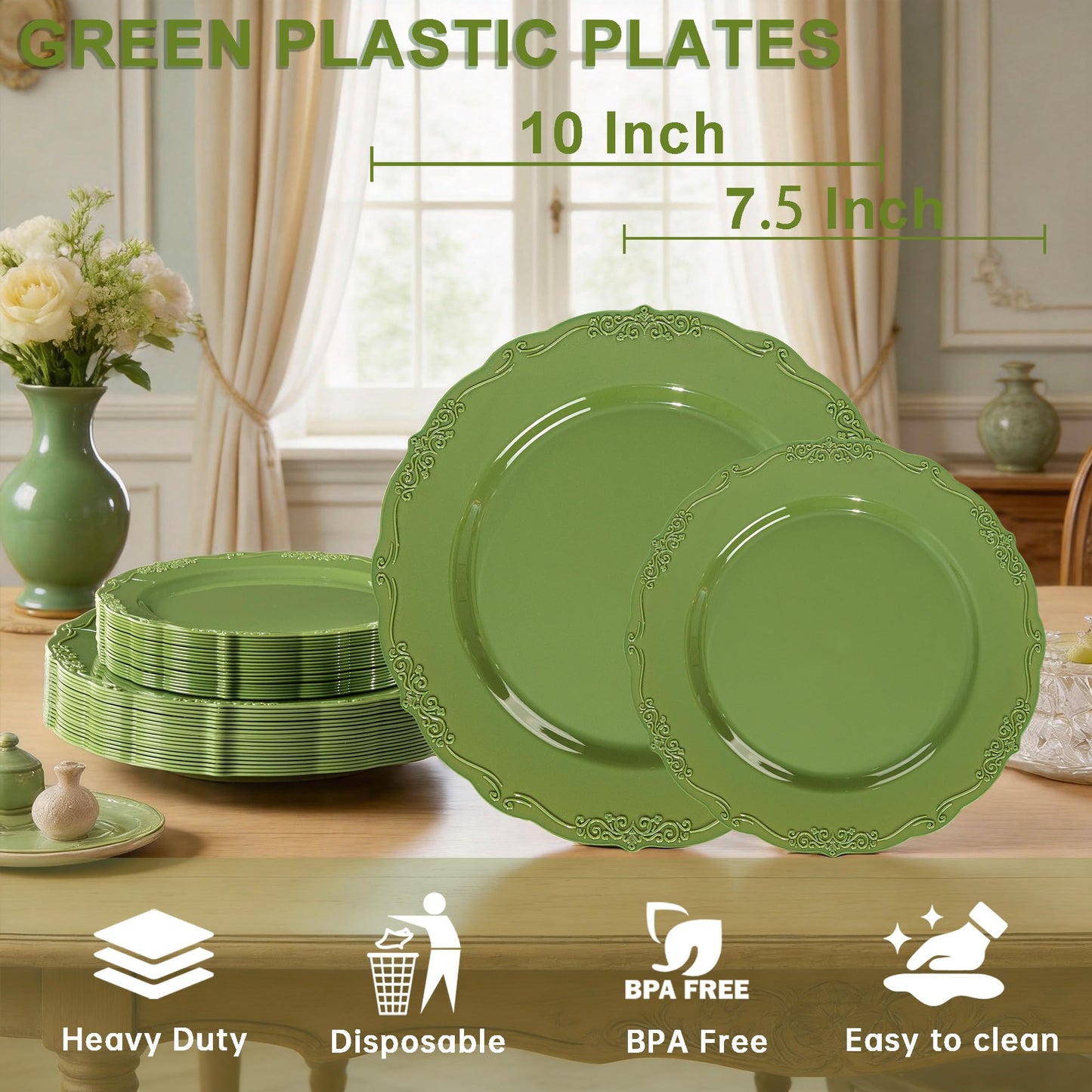Tinybee 60PCS Green Plastic Plates - Heavy Duty Green Disposable Plates, Elegant Plastic Plates for Bridal Shower, Wedding and Party Including 30 Dinner Plates 10 '' & 30 Dessert Plates 7.5 ''
