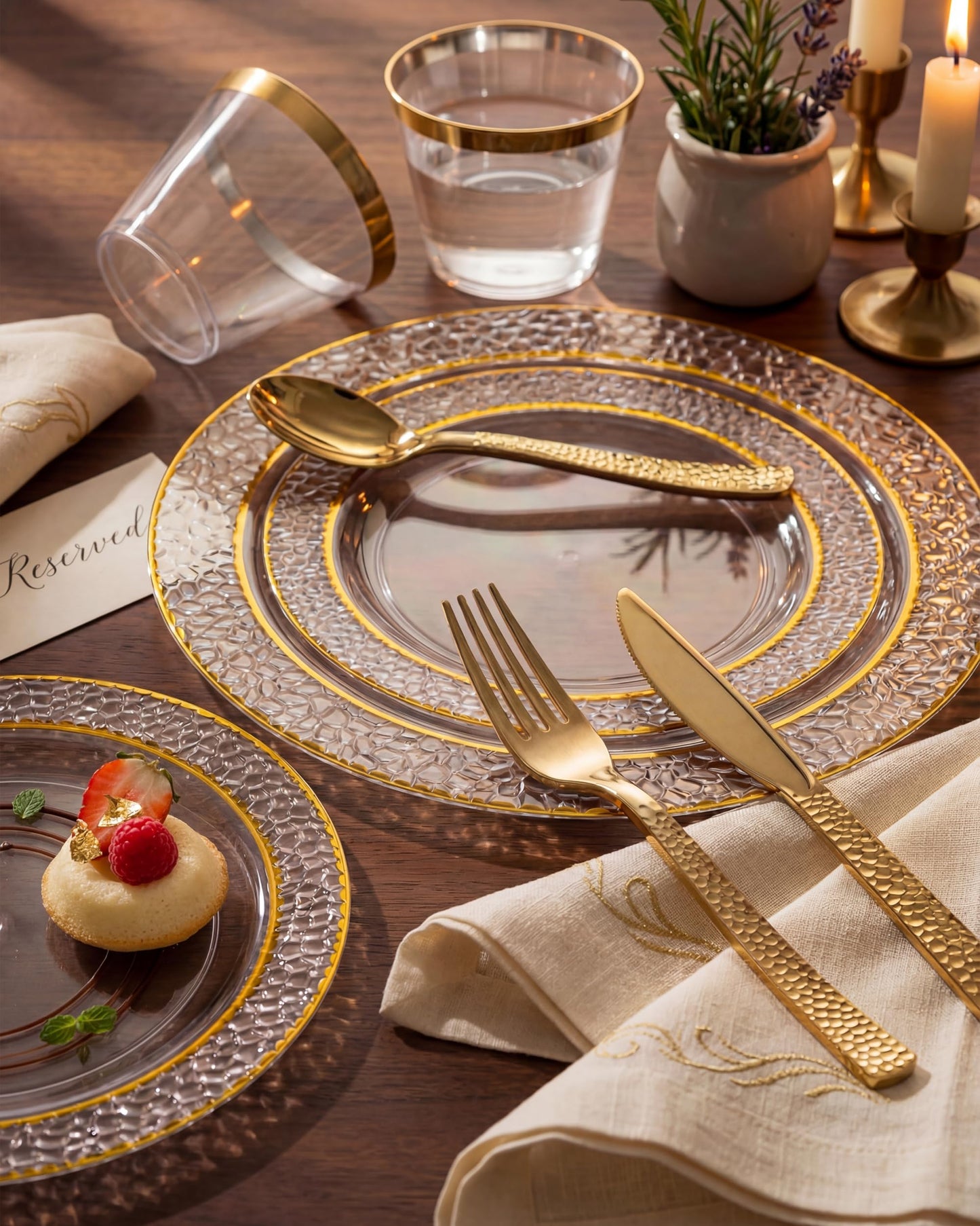 Nervure 300PCS Gold Hammered Plastic Silverware - Heavy Duty Plastic Cutlery - Gold Disposable Utensils Includes 100 Forks, 100 Knives, 100 Spoons Perfect for Wedding & Party