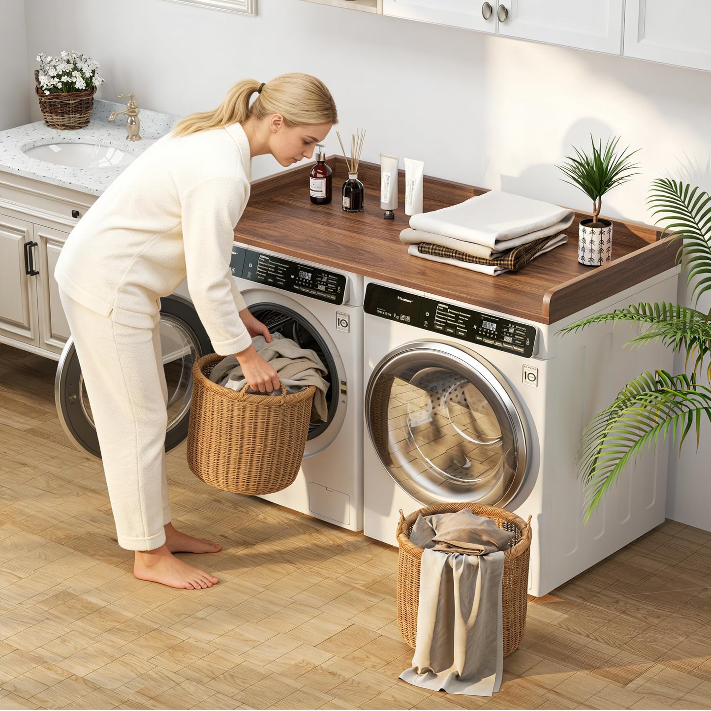 Washer Dryer Countertop, 27.5"x54" Wood Washer and Dryer Countertop with 2.95" Edge Rails, Laundry Machine Topper with Rounded Corner for Laundry Room Organization and Storage, Walnut