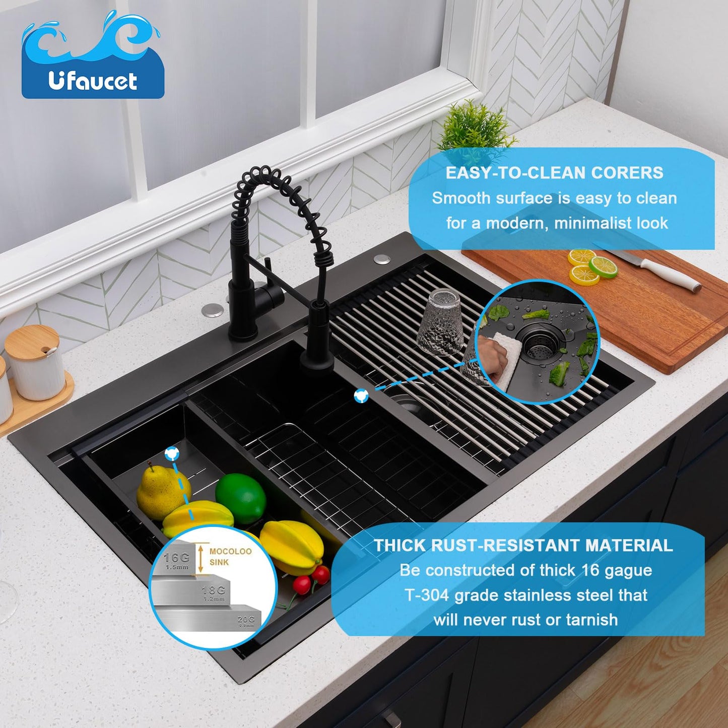 UFaucet 60/40 Drop In Double Bowl Kitchen Sink Black, 33x22 Inch Gunmetal Black Drop In Kitchen Sink Ledge Workstation 16 Gauge Stainless Steel Topmount Dual Basin with Cutting Board