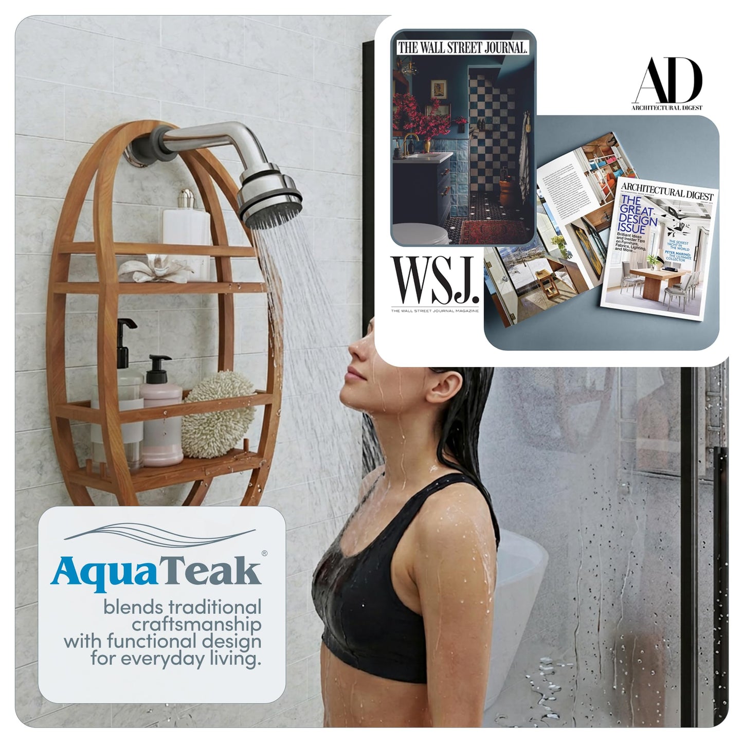 AquaTeak Patented Moa Oval Teak Shower Organizer - Hanging Shower Caddy with Wood Shelves, Hooks & Soap Holder - Durable, Water-Resistant Bathroom Storage with Space-Saving Design