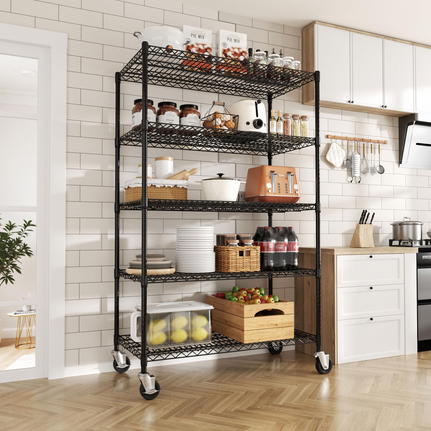 MUPATER 48" W x 24" D x 72" H Metal Wire Rack Shelving with Wheels, 3000lbs 5-Tier Rolling Storage Shelves, Adjustable Height, Heavy Duty Pantry Shelves for Garage, Kitchen, Laundry, Commercial, Black
