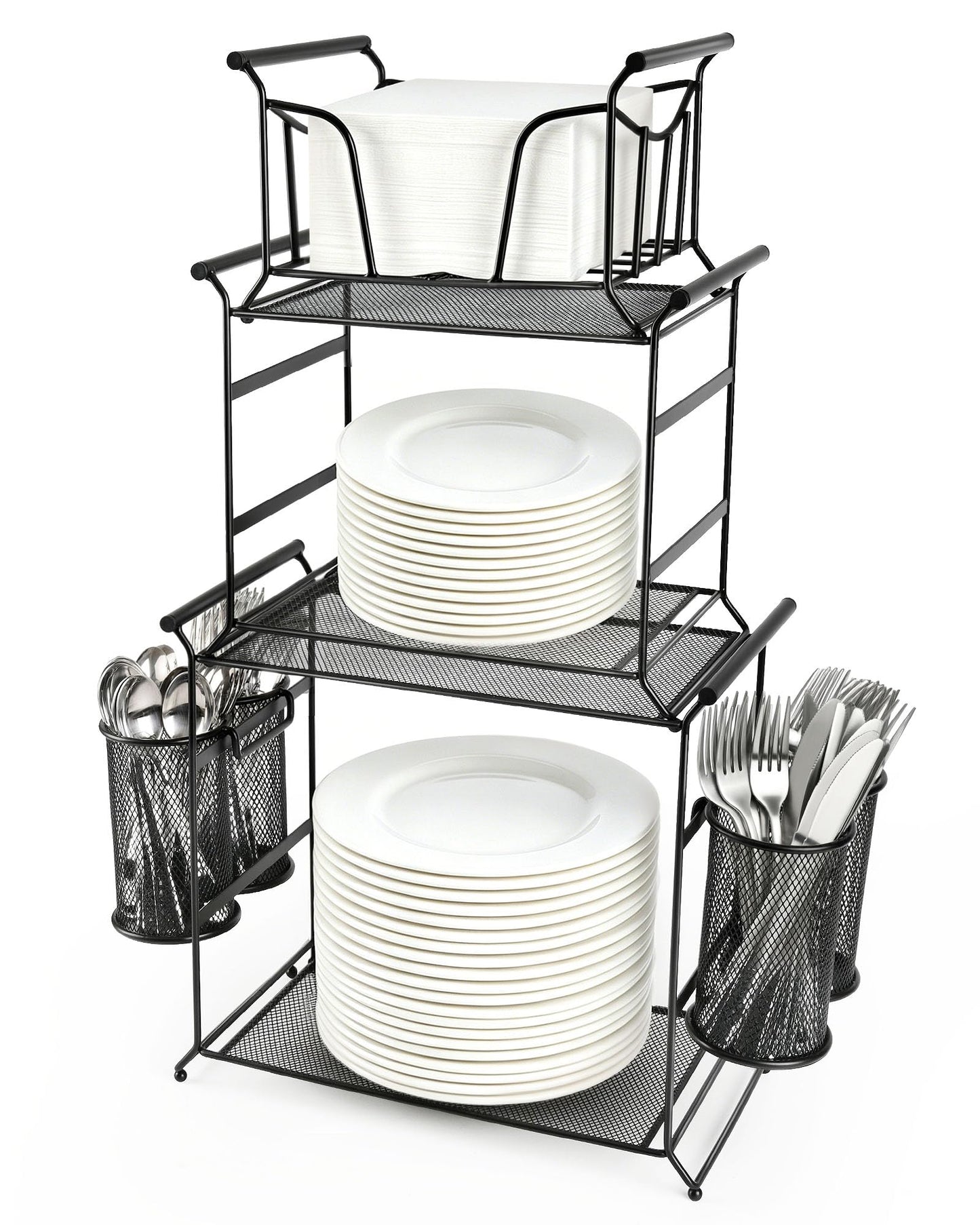 HULISEN 3-Tier Buffet Caddy, 7-Piece Set Stackable Paper Plate and Utensil Holder for Party, Detachable Mesh Silverware Organizer for Countertop, Metal Serving Station for Hosting Party Essentials