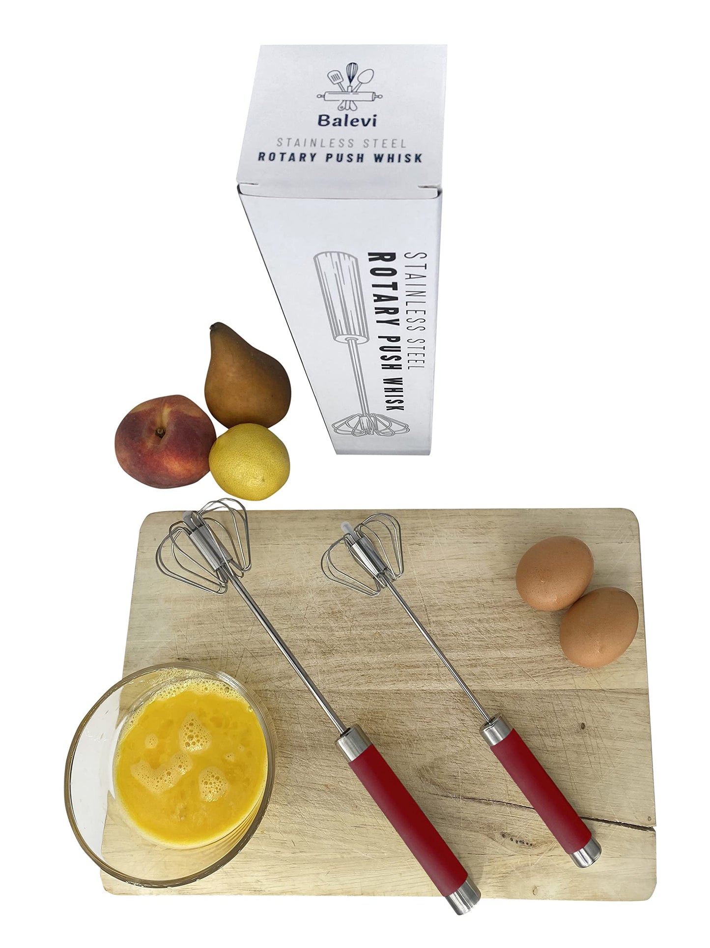 Balevi Stainless Steel Push Whisk - Easy to Use Manual Hand Mixer & Plunger Whisk - Make Froth, Foam & Whipped Cream - Semi Auto Egg Beater Plastic Tip Won’t Scratch Pans (2 Pack 10in & 12in) RED