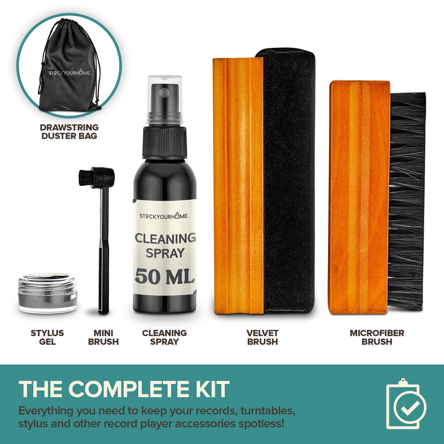Stock Your Home Vinyl Record Cleaning Kit – 6-Piece Set with Vinyl Cleaner Spray, Anti-Static Velvet Brush, Needle Cleaning Gel & Brush, Drawstring Duster Bag