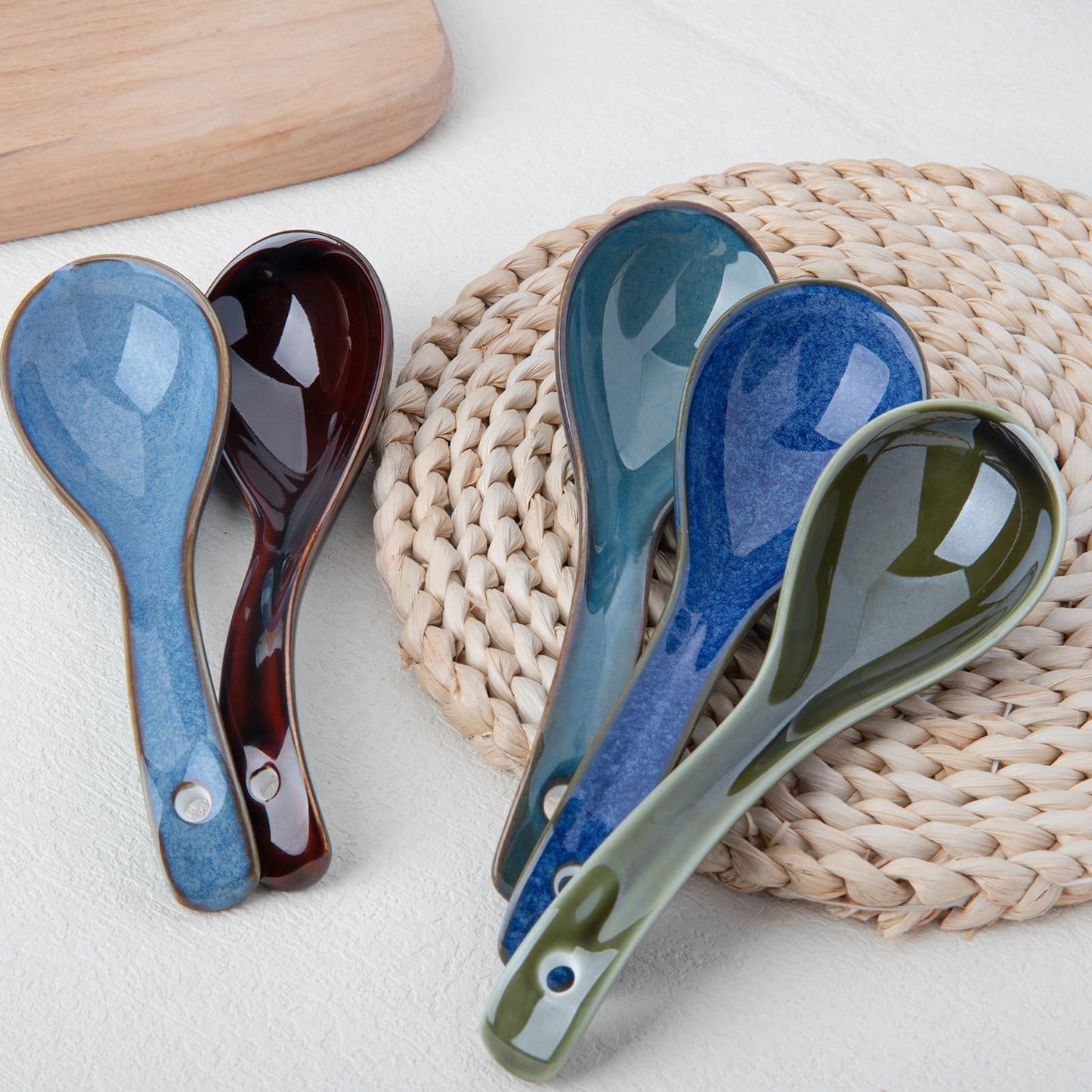 Soup Spoons Set of 5, Asian Soup Spoons Ramen Spoons, Christmas Ceramic Chinese Spoon Set for Soup, Cereal, Pho, Noodles, Dumpling, Miso, Wonton